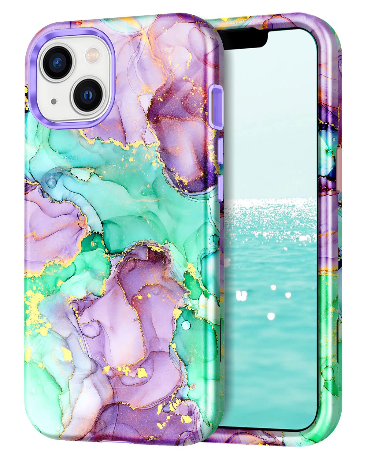 CASEFIV 適用於 iPhone 13 的手機殼，大理石紋三合一重型防震全包硬質 PC + 軟矽膠材質，防摔保護套，適用於 iPhone 13 6.1 英寸（2021 年），紫綠色