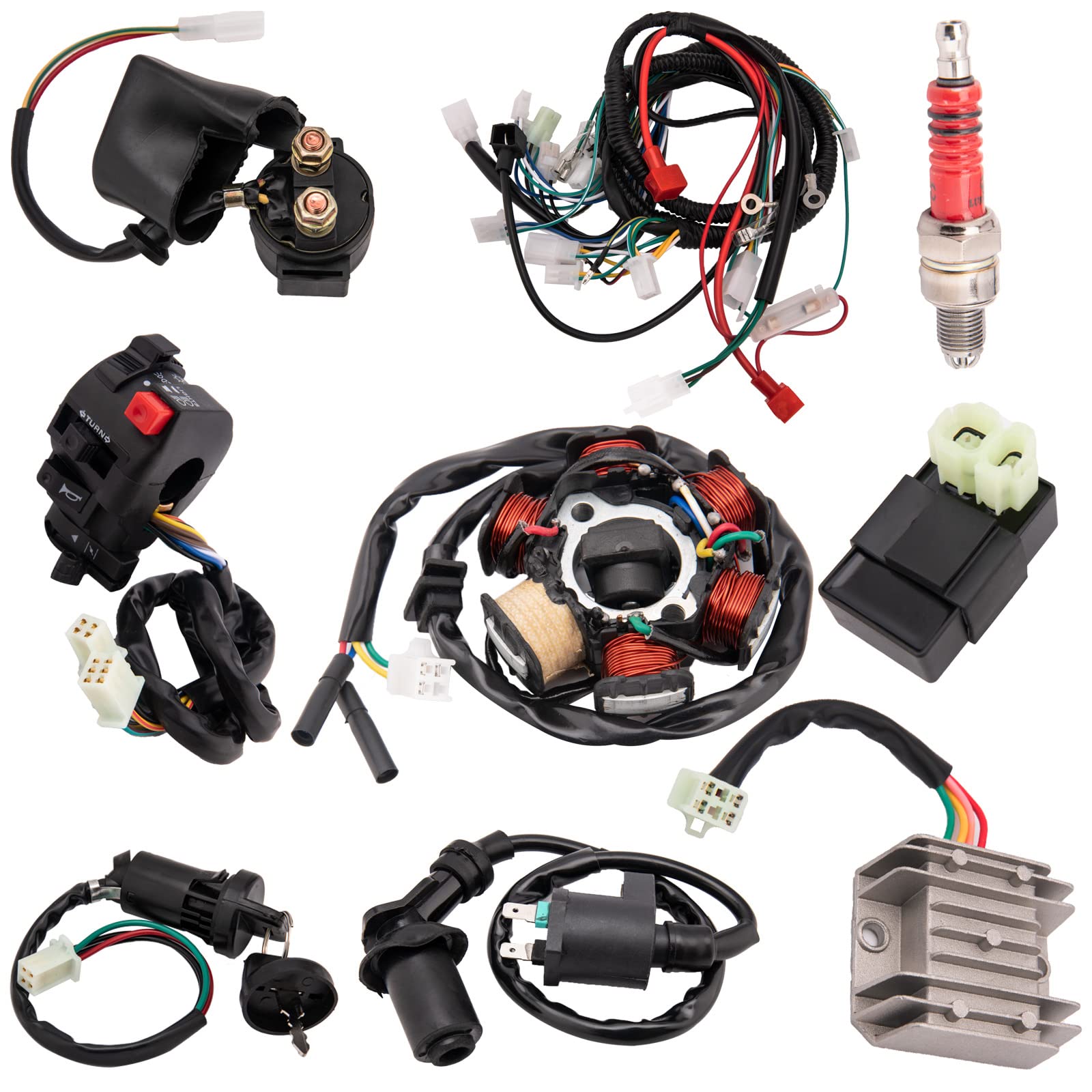 KAKO出品的適用於ATV、四輪摩托車、GY6 50CC、70CC、110CC、125CC、卡丁車、越野摩托車等車型的完整線束套件，包含定子、線圈、CDI、線束、電磁閥、繼電器和火星塞等電氣元件。