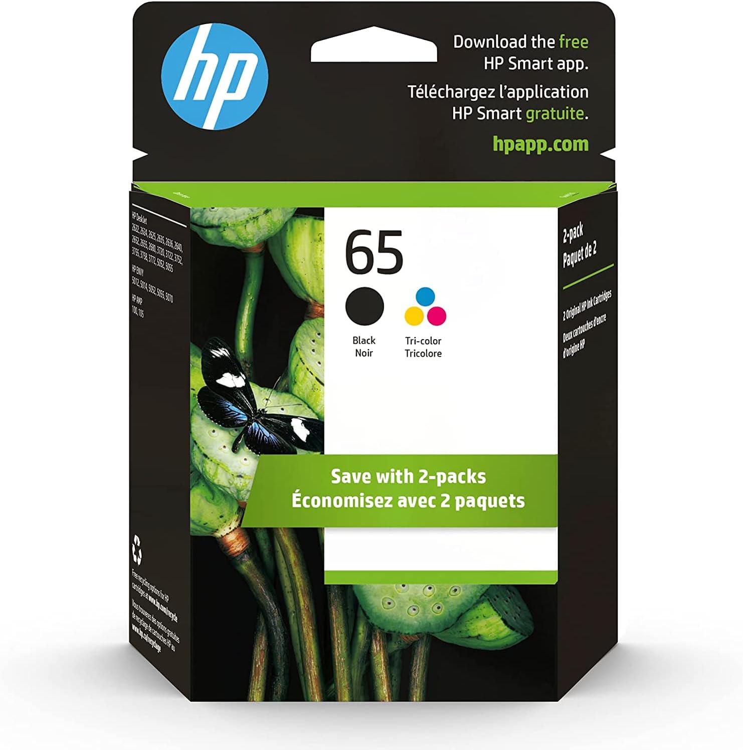 HP 65 黑色/三色墨水匣（2 支裝）| 適用於 HP AMP 100 系列、HP DeskJet 2600、3700 系列、HP ENVY 5000 系列 | 支援 Instant Ink 服務 | T0A36AN