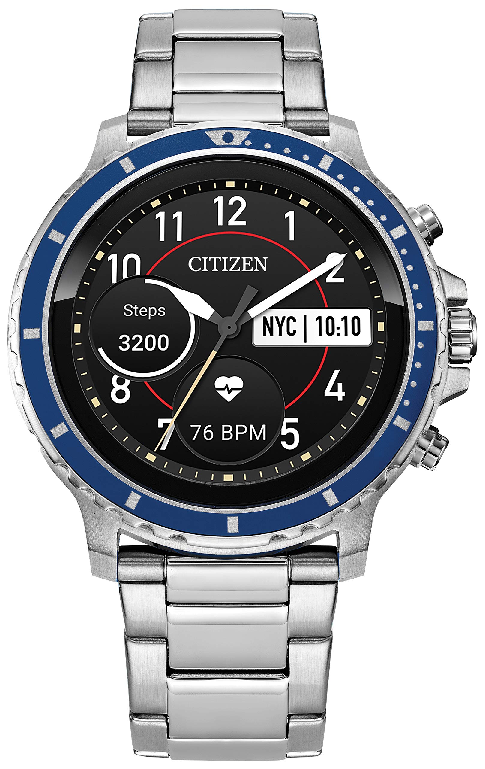 西鐵城 CZ Smart Gen 1 不鏽鋼智慧手錶，配備觸控螢幕、心率監測、GPS、喇叭、藍牙、通知提醒功能，相容於 iPhone 和安卓系統，搭載 Google Wear OS 系統。