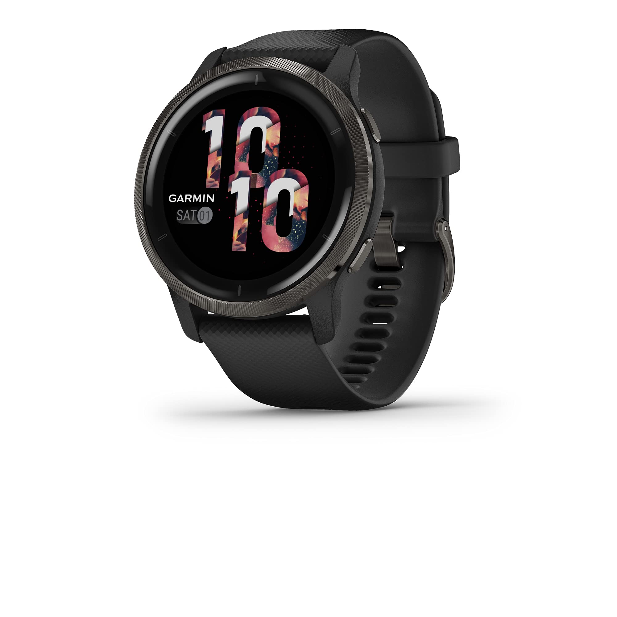 Garmin Venu 2，GPS智慧手錶，具備高級健康監測和健身功能，灰色錶圈搭配黑色錶殼和矽膠錶帶