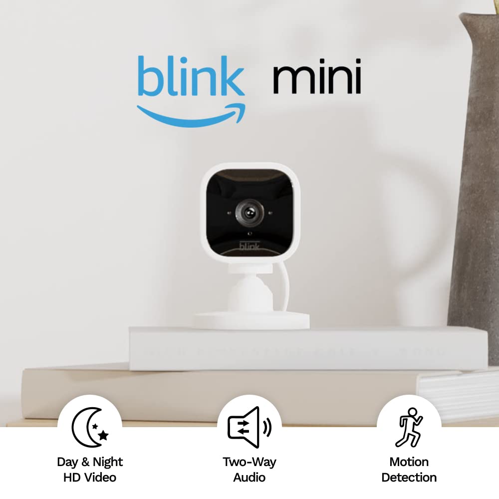 Blink Mini – 緊湊型室內插電式智能安防攝像頭，1080p 高清視頻，夜視功能，移動檢測，雙向語音通話，設置簡便，兼容 Alexa – 1 個攝像頭（白色）