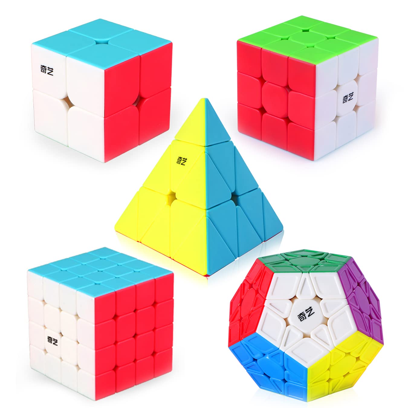 Roxenda 速旋魔術方塊套裝，包含 2x2x2、3x3x3、4x4x4、五魔術方塊和金字塔魔方，順滑魔術方塊套裝，適合兒童和成人 [5 件裝]（無貼紙）