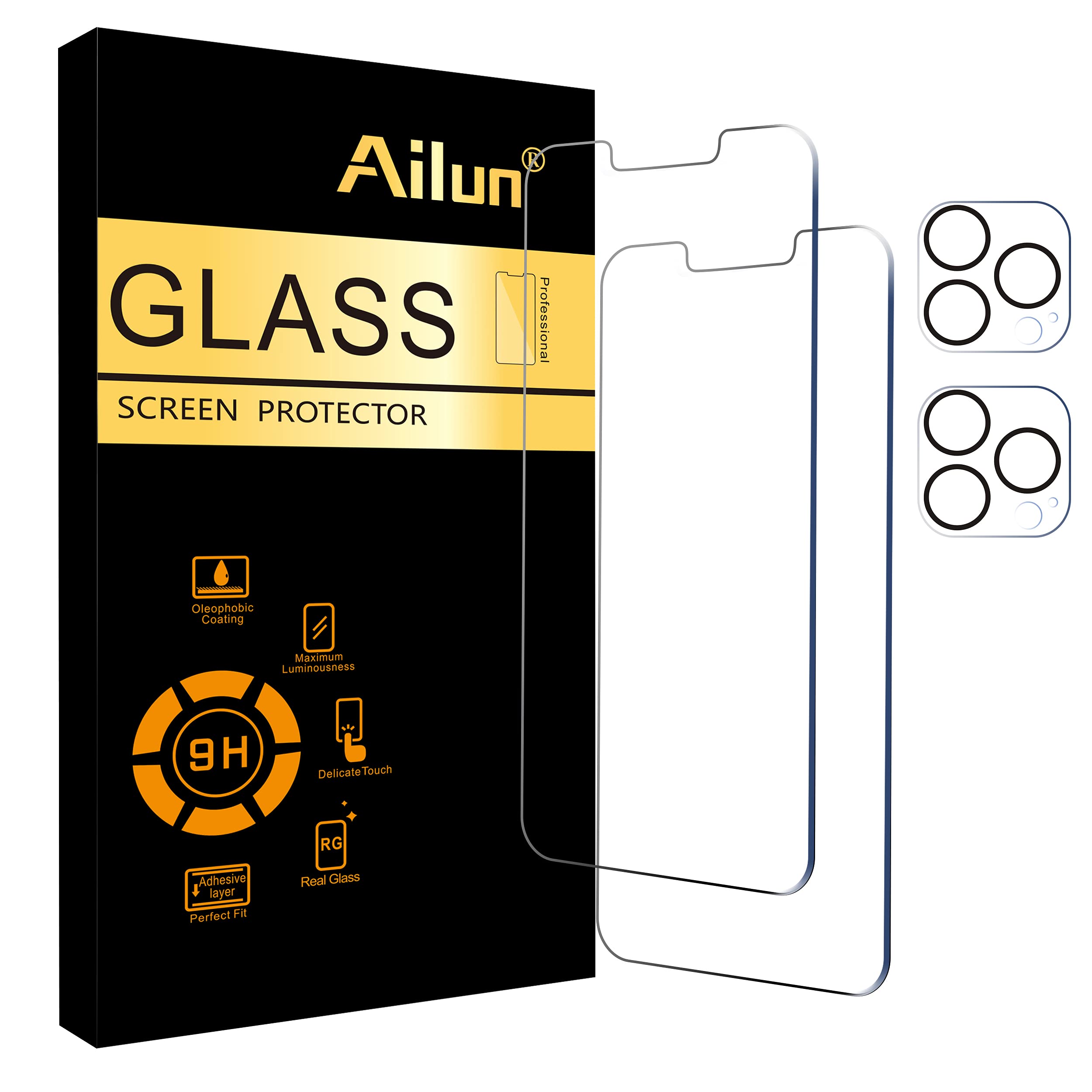 Ailun 適用於 iPhone 13 Pro Max [6.7 吋] 顯示器的 2 片裝螢幕保護貼，含 2 片強化玻璃相機鏡頭保護膜，[9H 硬度] - 高清，相容於手機殼