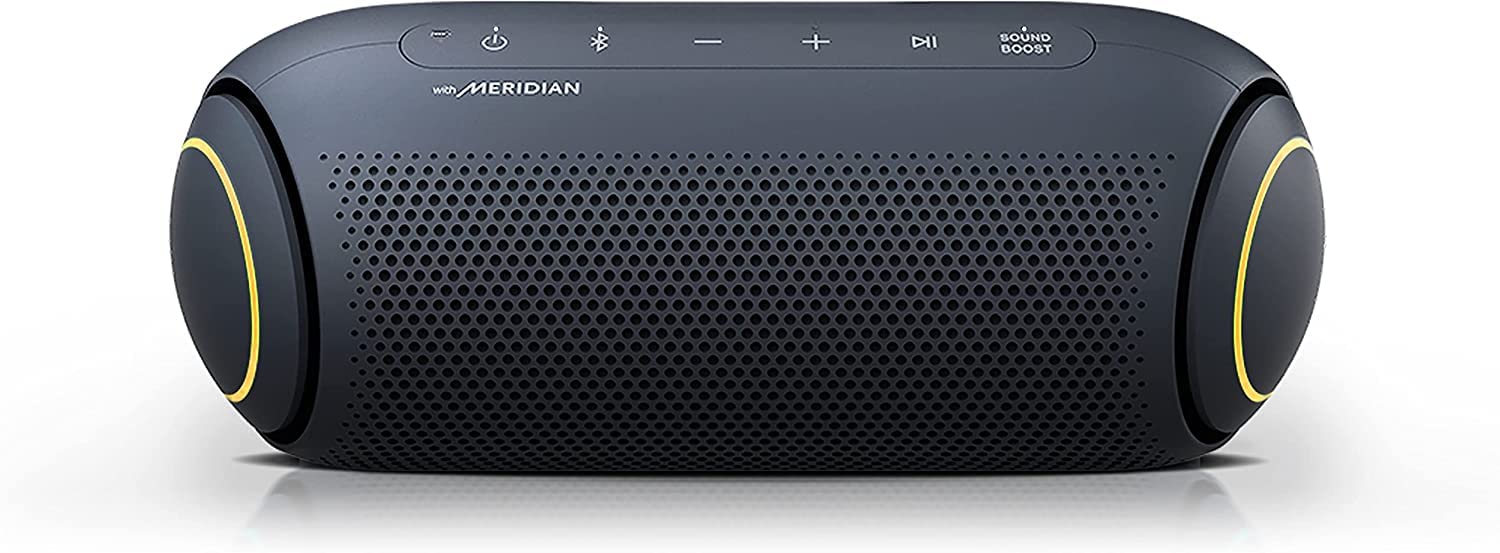 LG XBOOM Go 藍牙音箱 PL5 無線 IPX5 防水便攜式音訊雙低音 Meridian 音效增強，18 小時電池續航，LED 燈光（2021 年 XBOOM GO 便攜式音箱 PL5） - 黑色