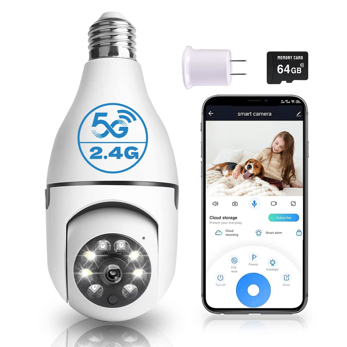 DUDUBOBBY 燈泡攝像頭，1080P 高清安防攝像頭，家用無線 5GHz＆2.4GHz WiFi，支援移動偵測自動追踪，360° 全景智慧監控攝像頭，帶移動偵測警報和夜視功能（含 64G SD 卡）
