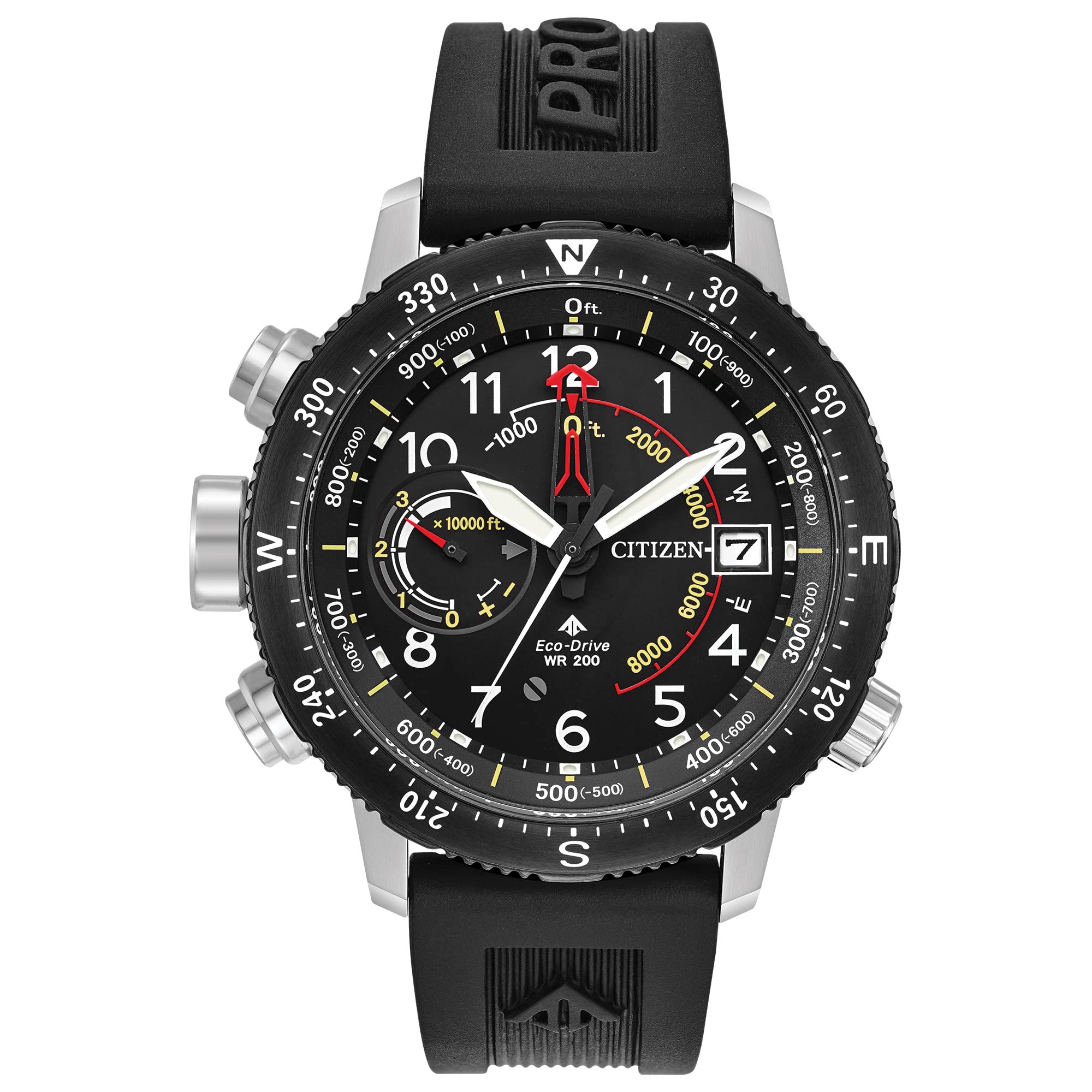 男士 Eco-Drive Promaster Land Altichron 腕錶，不鏽鋼錶殼，黑色聚氨酯錶帶，黑色錶盤（型號：BN5058-07E）