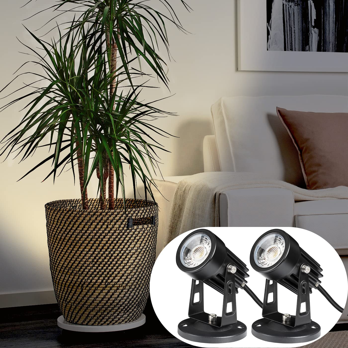 SUNVIE 2 件裝 LED 射燈，室內植物向上照射，聚光燈，室內植物裝飾重點照明，120V 暖白光向上照射，5.9 英尺電源線，帶腳踏開關（含底座和地插）