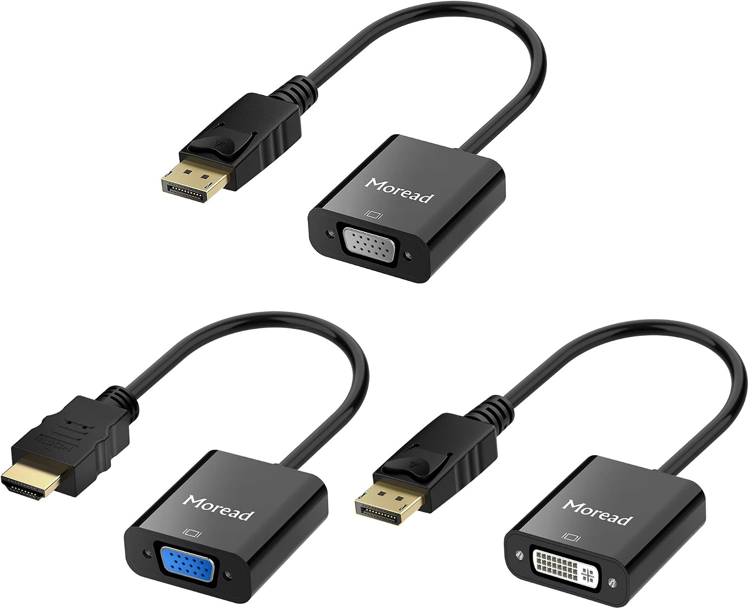 Moread DP/HDMI 轉 VGA 和 DP 轉 DVI 轉接器套裝，鍍金轉接器（公頭轉母頭），適用於戴爾、聯想、惠普和其他品牌