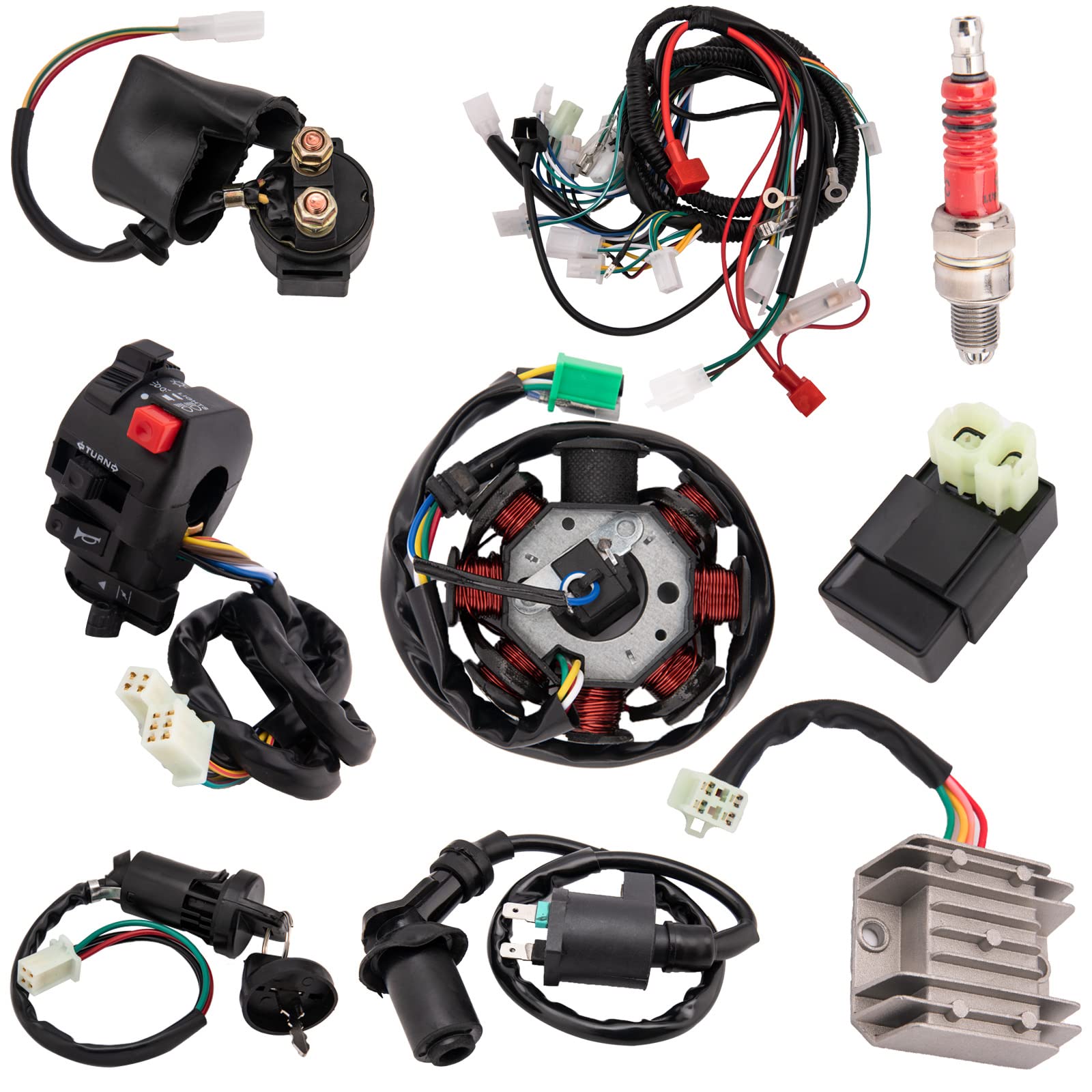 適用於四行程 ATV（150cc、200cc、250cc、300cc）的全套線束套件，包括四輪摩托車、沙灘車、卡丁車等，包含定子、線圈、CDI、電磁閥、繼電器、火星塞等完整電氣元件。