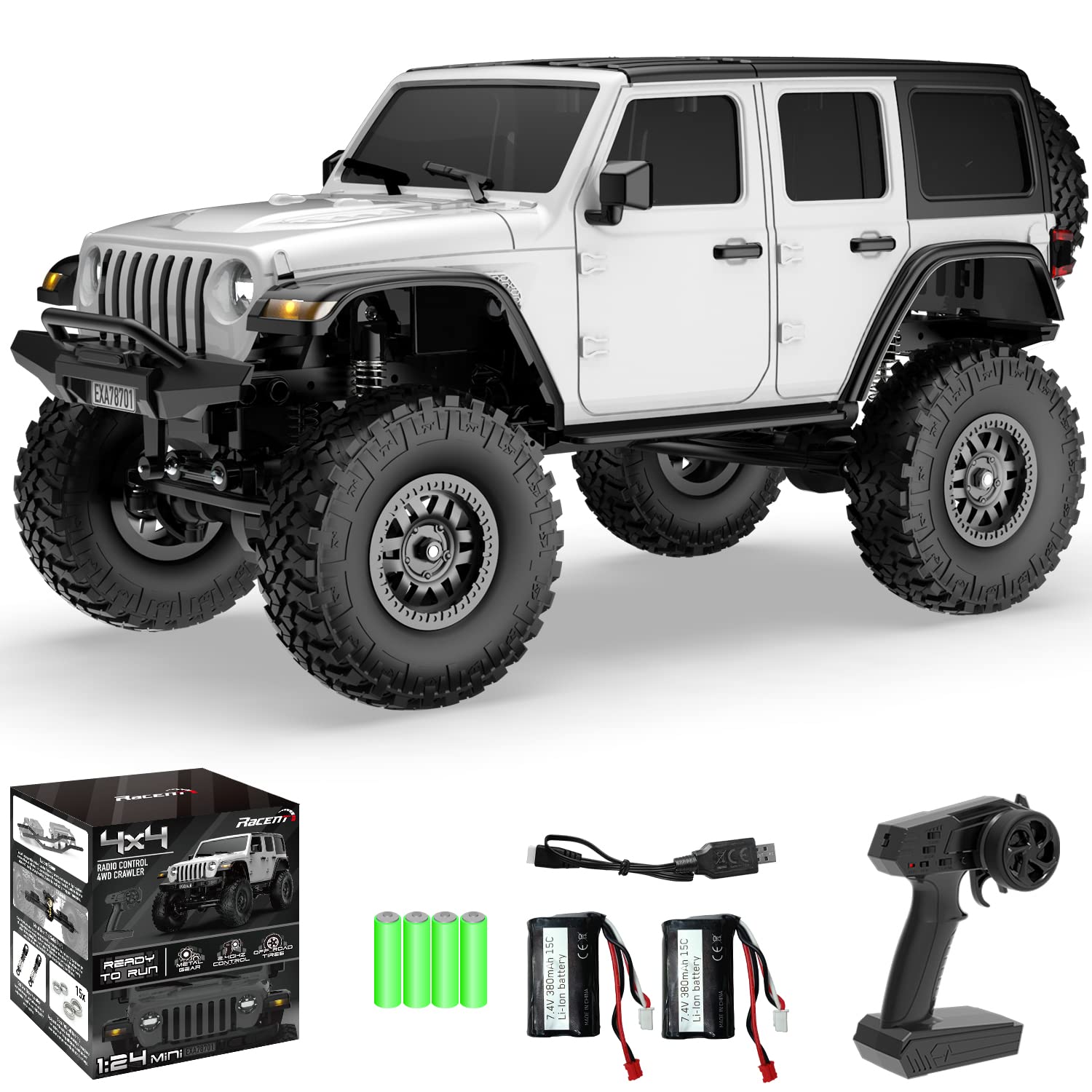 RACENT 攀岩遙控車 4x4 越野攀爬車 全地形遙控怪獸卡車 帶明亮前燈 2 節電池 防水 兒童愛好玩具 (787-1 白色)