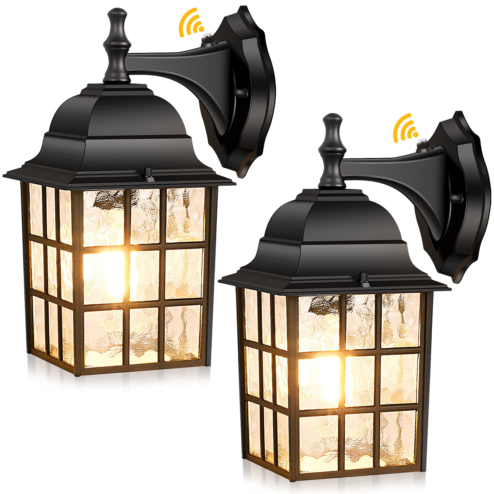 Brightever 2 件裝黃昏至黎明戶外壁燈，帶光電感應器的外牆安裝式燈具，黑色防水壁燈，瀑布式玻璃戶外壁燈，適用於門廊、房屋和車庫