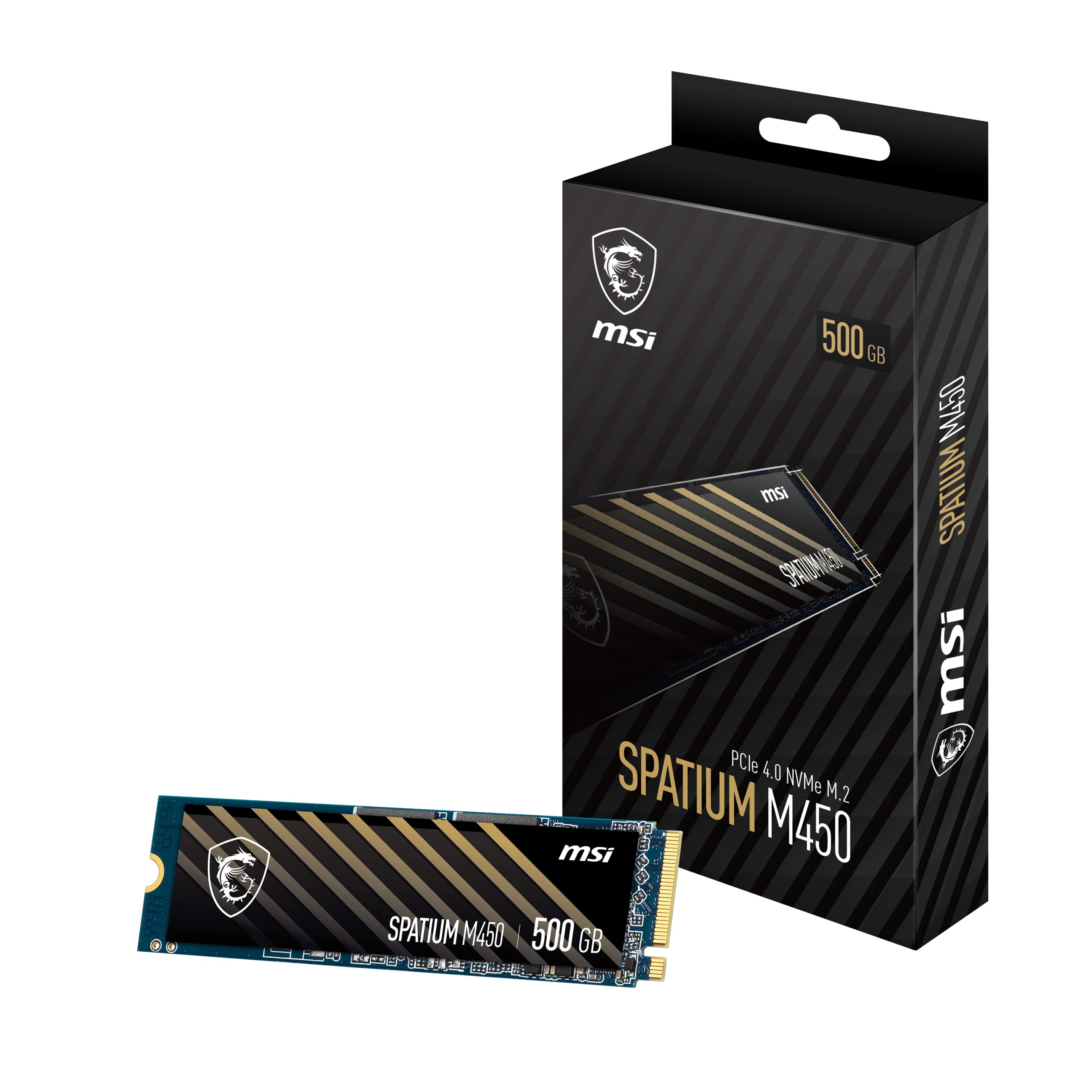 MSI SPATIUM M450 PCIe 4.0 NVMe M.2 500GB 內建遊戲固態硬碟，讀寫速度高達 3600MB/s，採用 3D NAND 快閃記憶體，寫入壽命高達 600 TBW。
