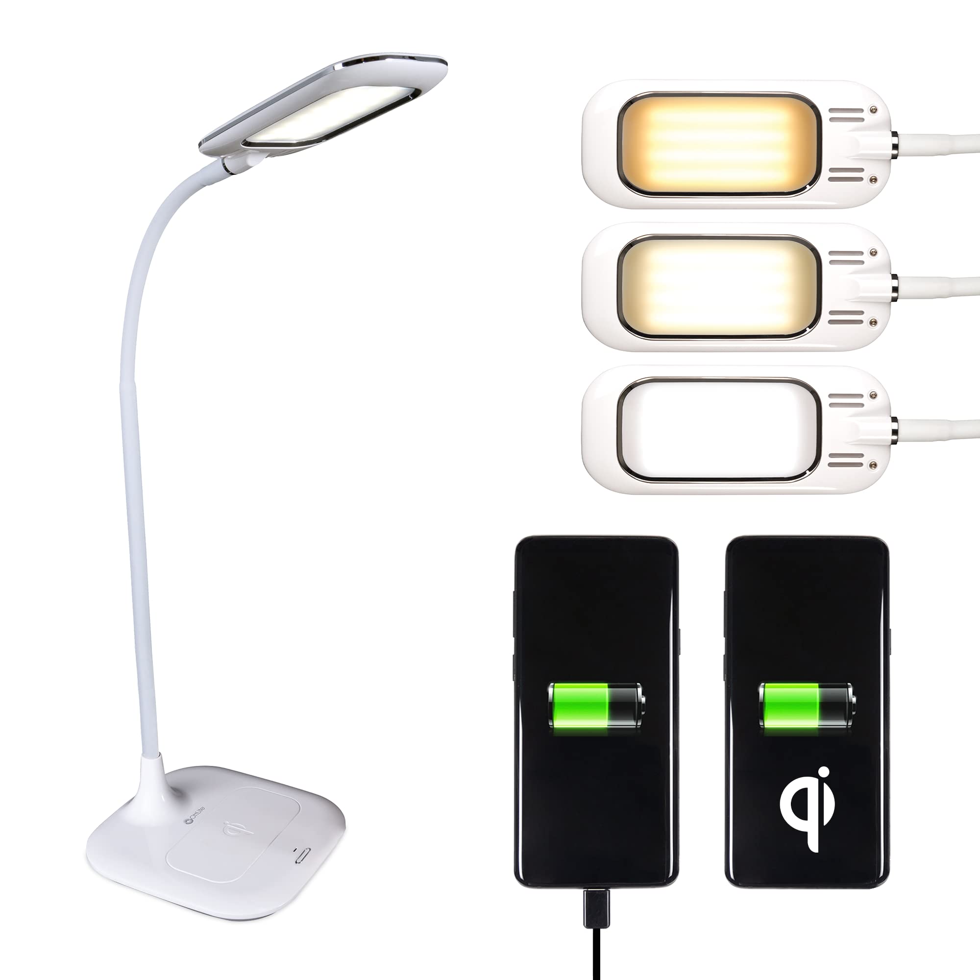 OttLite LED 檯燈，支援無線充電，旨在減少眼部疲勞 - 可調式柔性燈頸，3 種顏色模式和觸控控制 - 適用於手動、辦公室、閱讀和學習