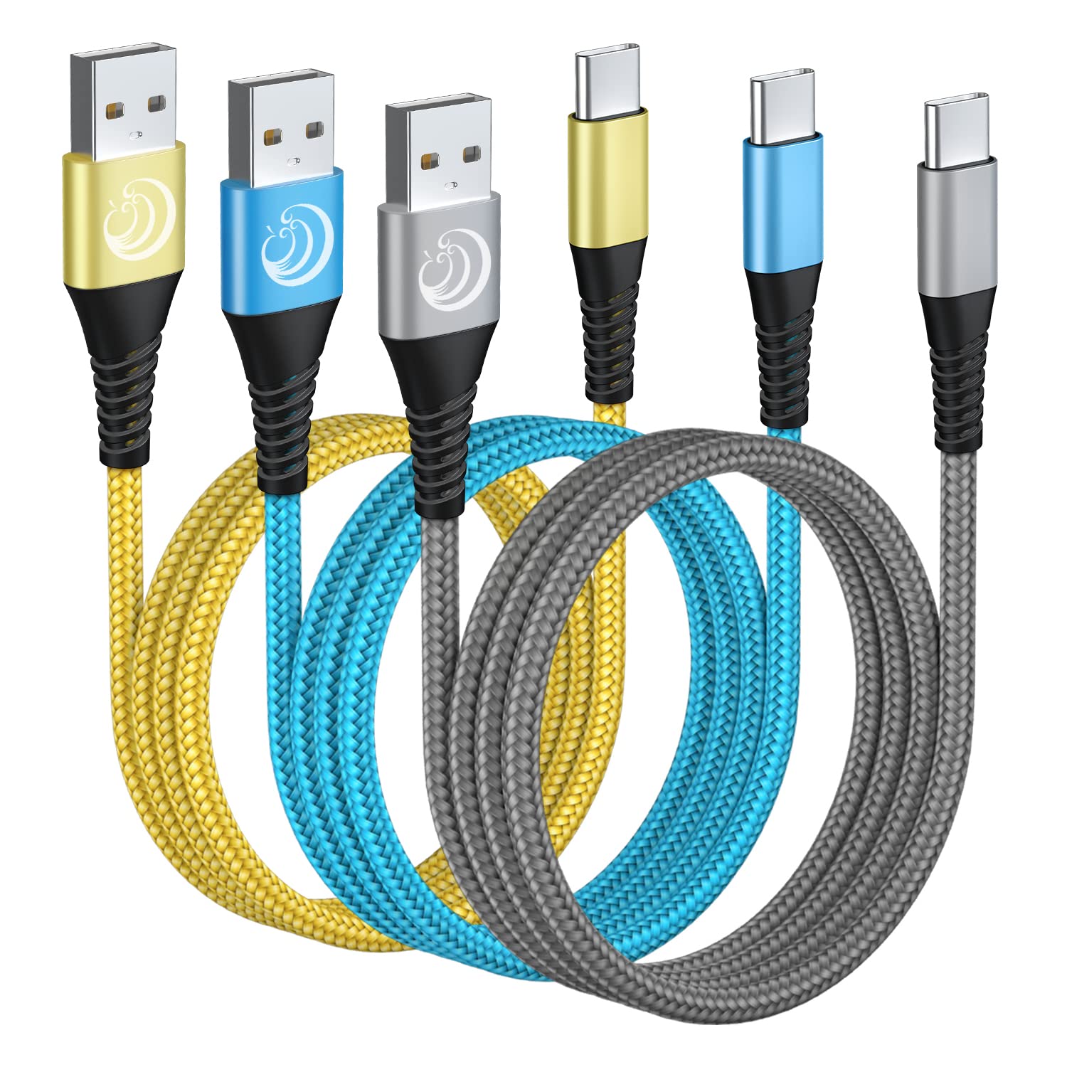 USB-C 線 10 英尺 3 條裝 快速充電尼龍編織長款 Type-C 充電線 相容於三星 Galaxy S23 S22 S21 S10 S9 S8 A02s A03s A11 A12 A13 A20 A21 A32 A42 A53 Z Fold 4、平板電腦、Moto