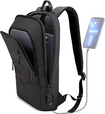 男士商務超薄背包，附USB充電器，輕防盜，適合旅行、高中生等各種場合，15.6吋防水筆記型電腦包，黑色