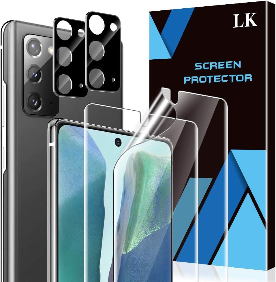 4 片裝 LK 螢幕保護貼（2 片裝）+ 相機保護膜（2 片裝），相容於三星 Galaxy Note 20，含定位工具，支援螢幕下指紋識別，高畫質超薄