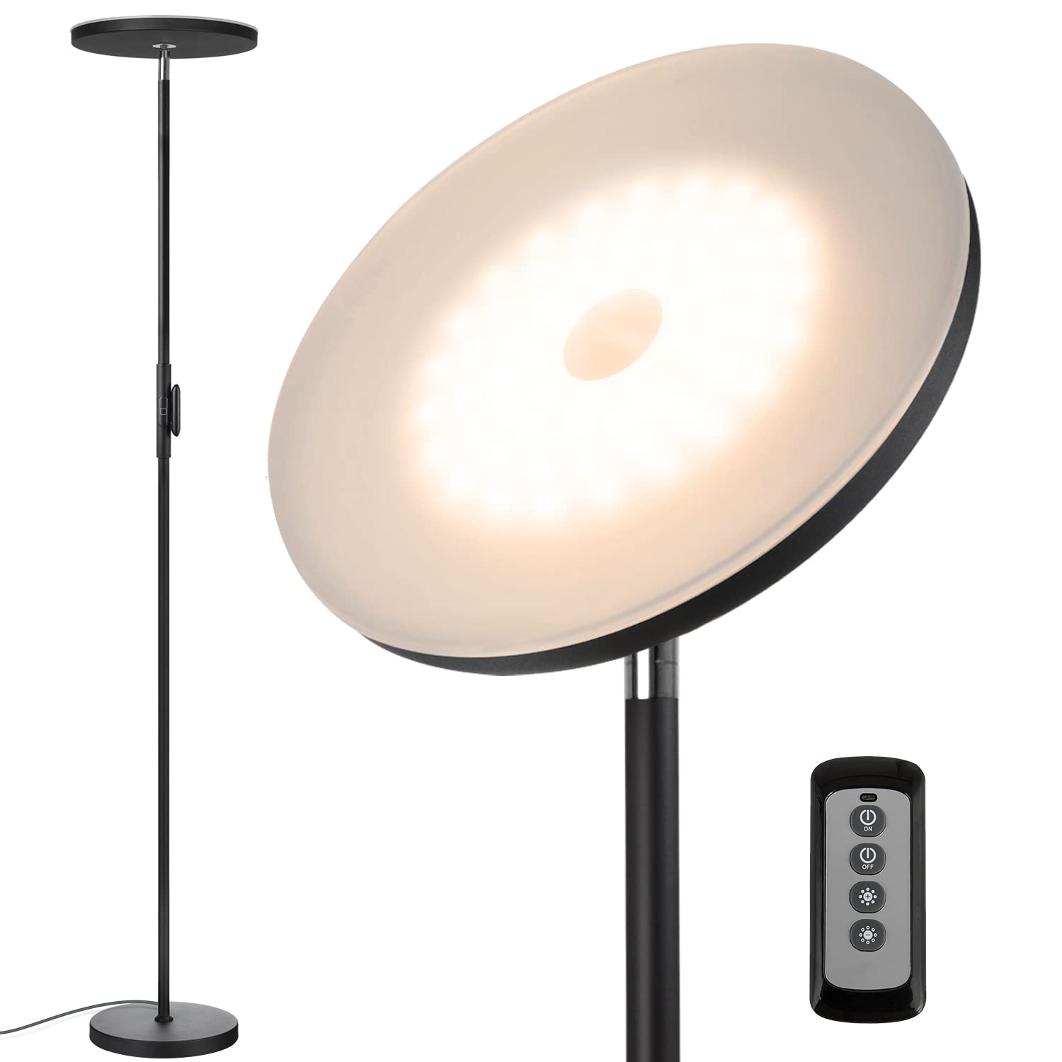 JOOFO落地燈，30W/2400LM 天空LED現代火炬燈，3種色溫，超亮落地燈 - 高立杆燈，帶遙控器和觸控控制，適用於客廳、臥室、辦公室（黑色）