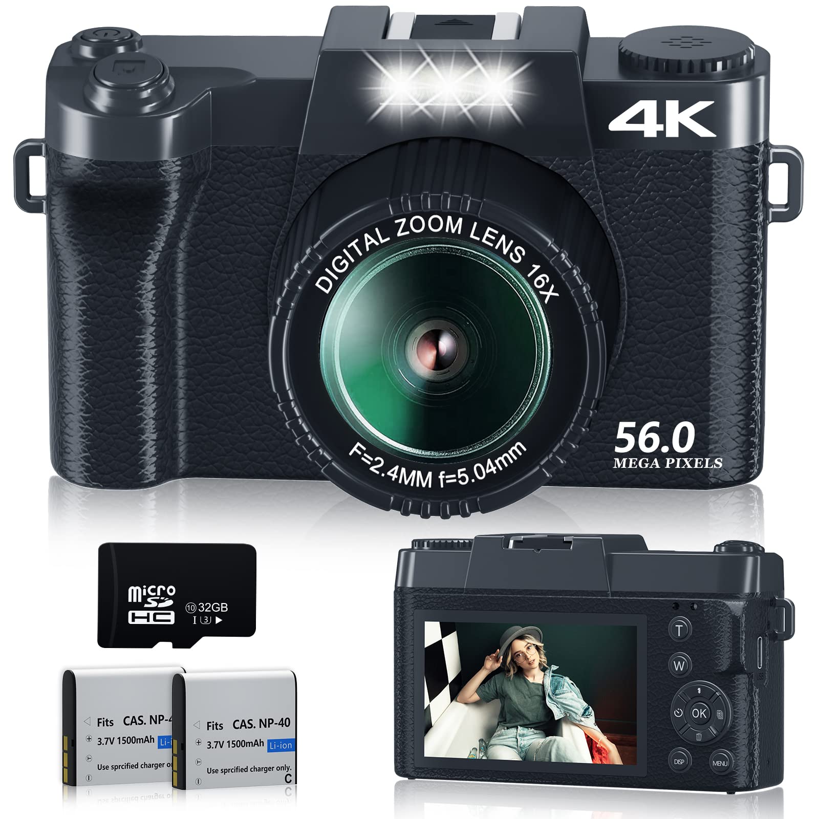 NIKICAM 56MP 4K數位相機，適用於YouTube視頻博客，支援手動對焦、傻瓜式拍攝和16倍數碼變焦（含32GB TF卡和2塊可充電電池） - 黑色3