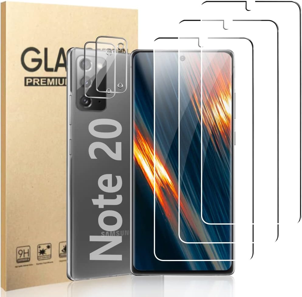 【3+2 片裝】Galaxy Note 20 螢幕保護貼，含 2 片相機鏡頭保護膜，9H 硬度，支援指紋識別，超薄高清透明玻璃膜，適用於三星 Galaxy Note 20 5G（6.7 吋）