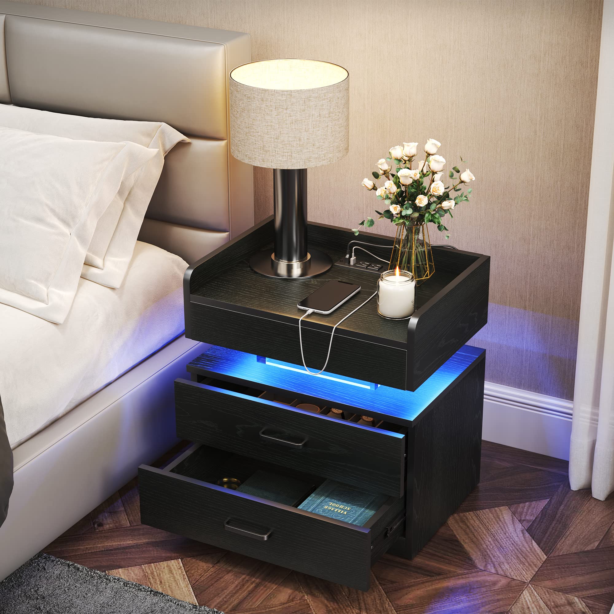 TC-HOMENY LED 床頭櫃，帶有聲控模式，帶充電站的臥室家具邊桌，帶 2 個抽屜的床邊桌（黑色）