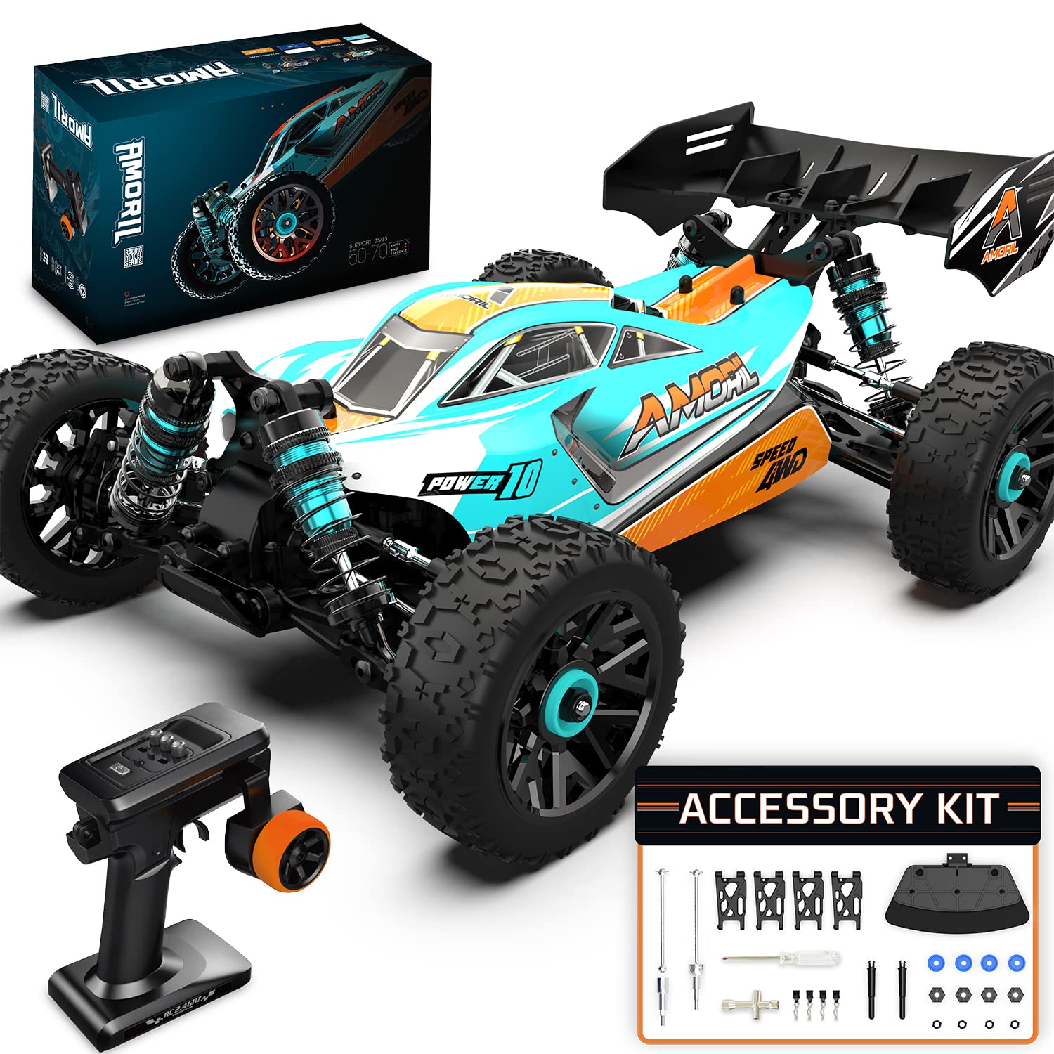 AMORIL 1:14 成人高速遙控車，最高時速 70+ 公里/小時，4x4 怪獸卡車競速越野車，電動玩具車，帶油壓減震器，升級粉末齒輪零件…