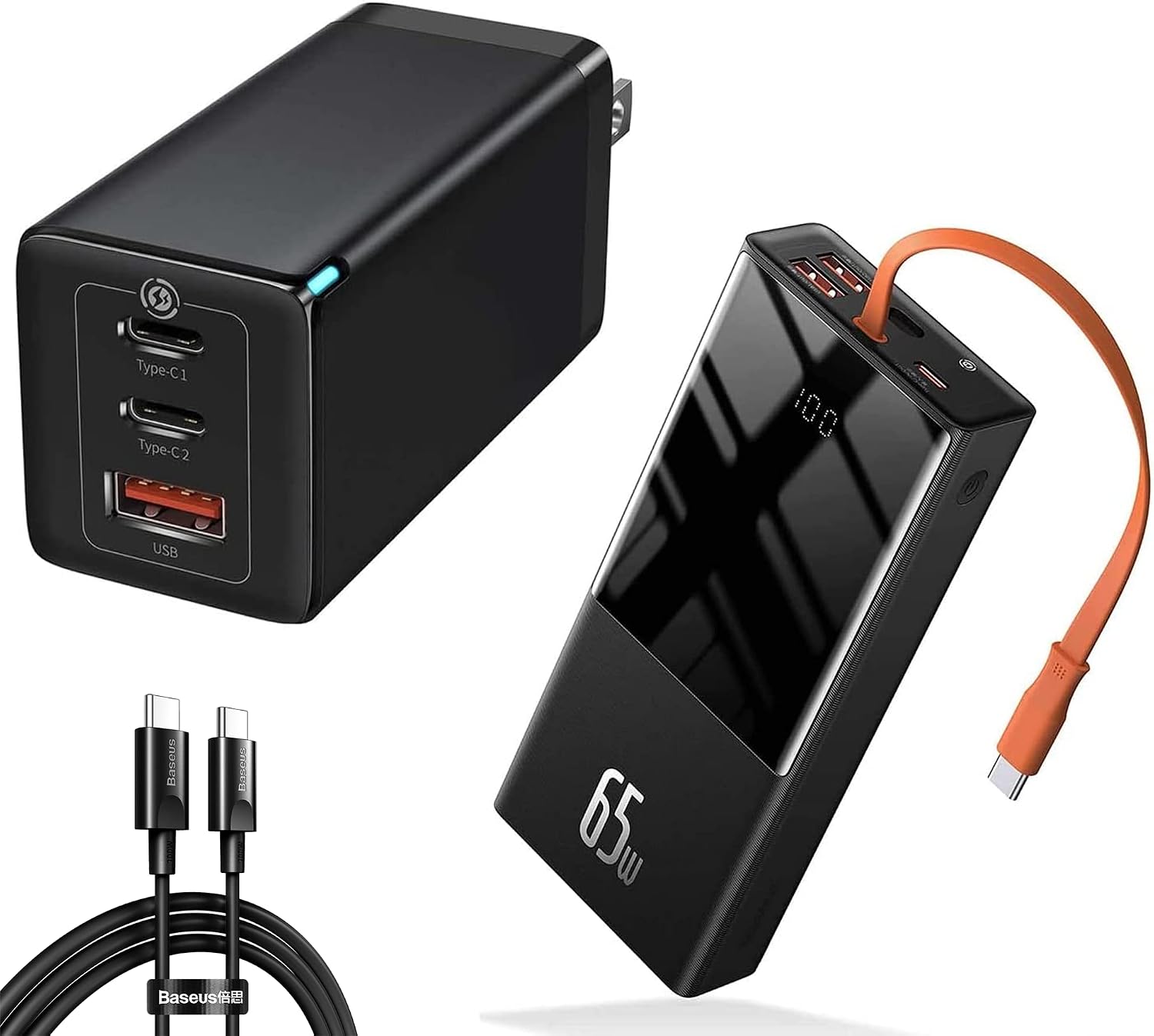 Baseus 65W 便攜式筆記型電腦行動電源套裝，含 65W 牆式充電器，適用於聯想、惠普、戴爾、MacBook Pro、iPhone、三星等品牌筆記型電腦。