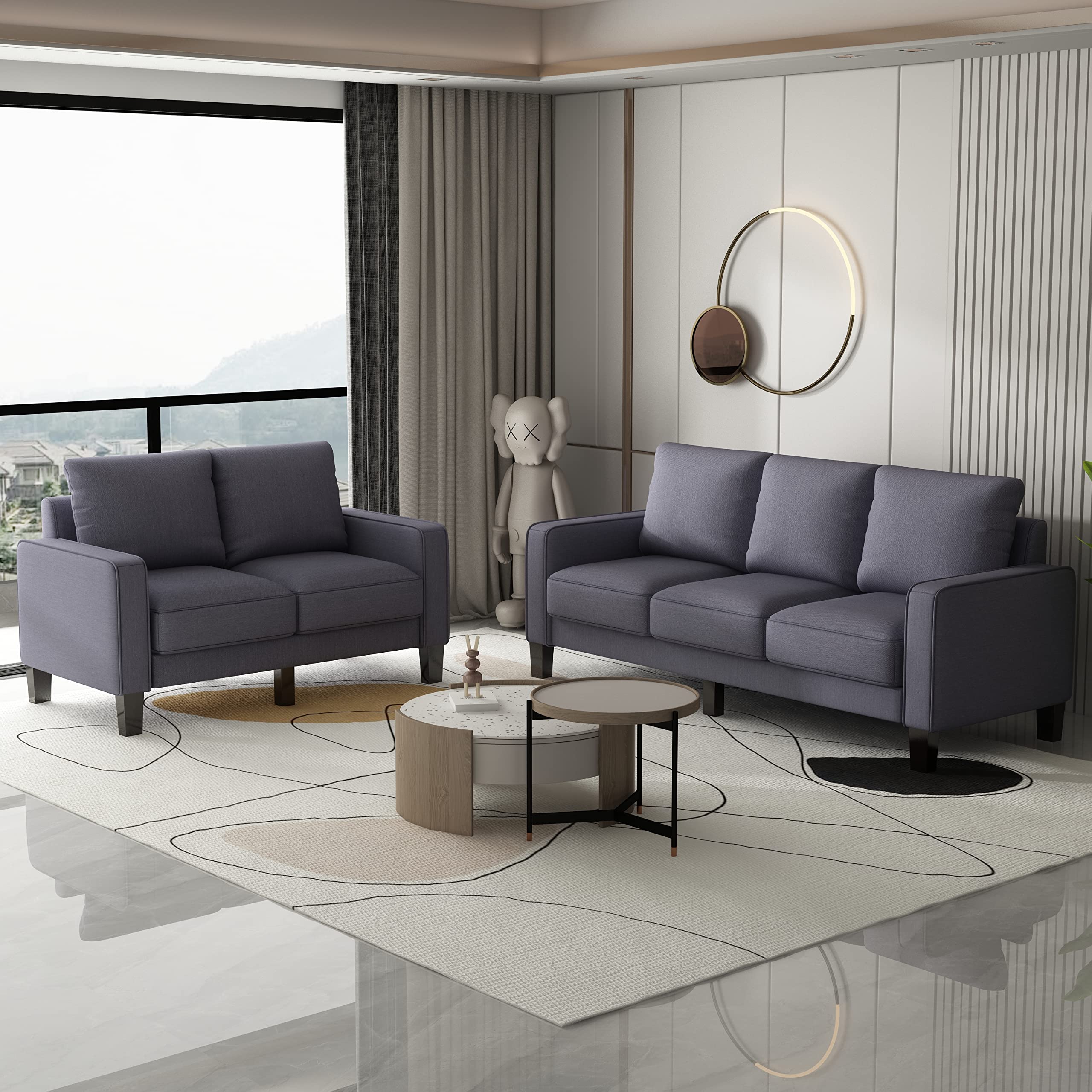 Harper & Bright Designs 兩件式客廳沙發組合，附置物箱，現代軟墊沙發組合，包含三人沙發和雙人沙發，適用於客廳和臥室（2+3 座，深灰色）