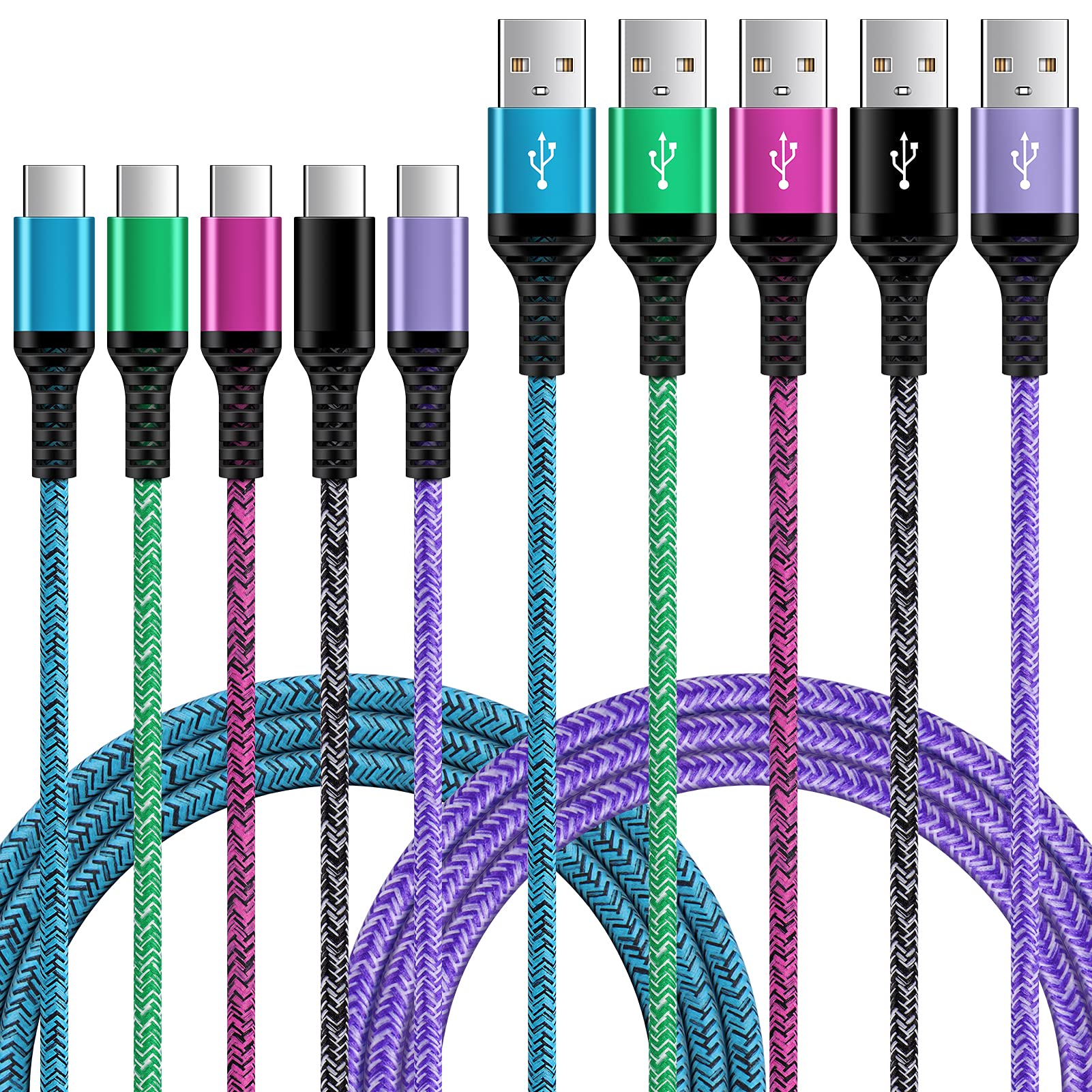 USB-C 快充數據線 6 英尺 5 件裝 尼龍手機充電線 適用於三星 Galaxy A12 A32 A52 S23 S22 S21 A13 5G S20 S10 S9 A51 A71 A20 A21 A01 A50、Moto G Stylus Power、LG V60 K51 Sty 6/51