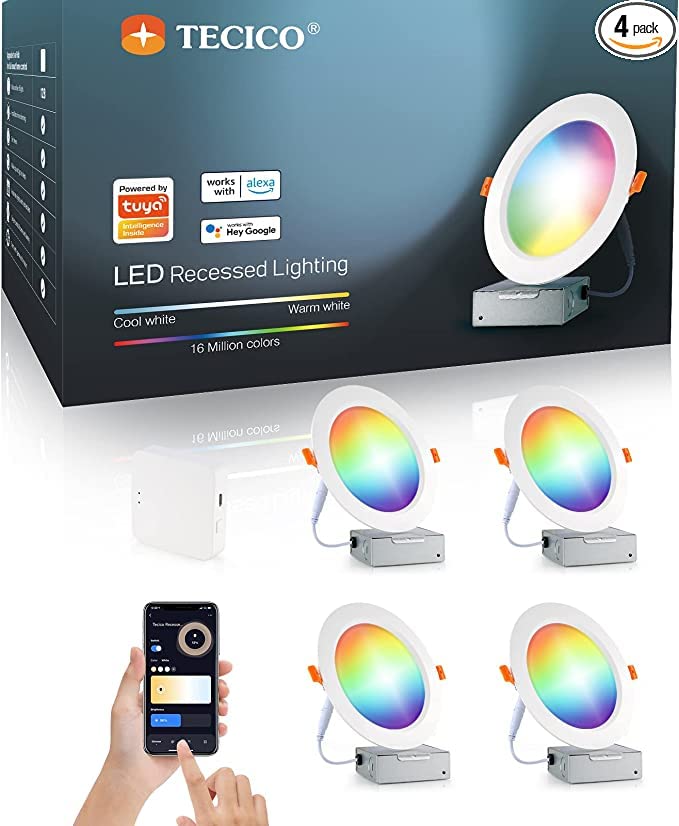 6吋智慧嵌入式照明燈，WiFi變色LED嵌入式照明燈，15W 1100流明 6500K日光色，帶接線盒的智慧遙控筒燈，相容於Alexa/Google Assistant/Siri（4個裝）
