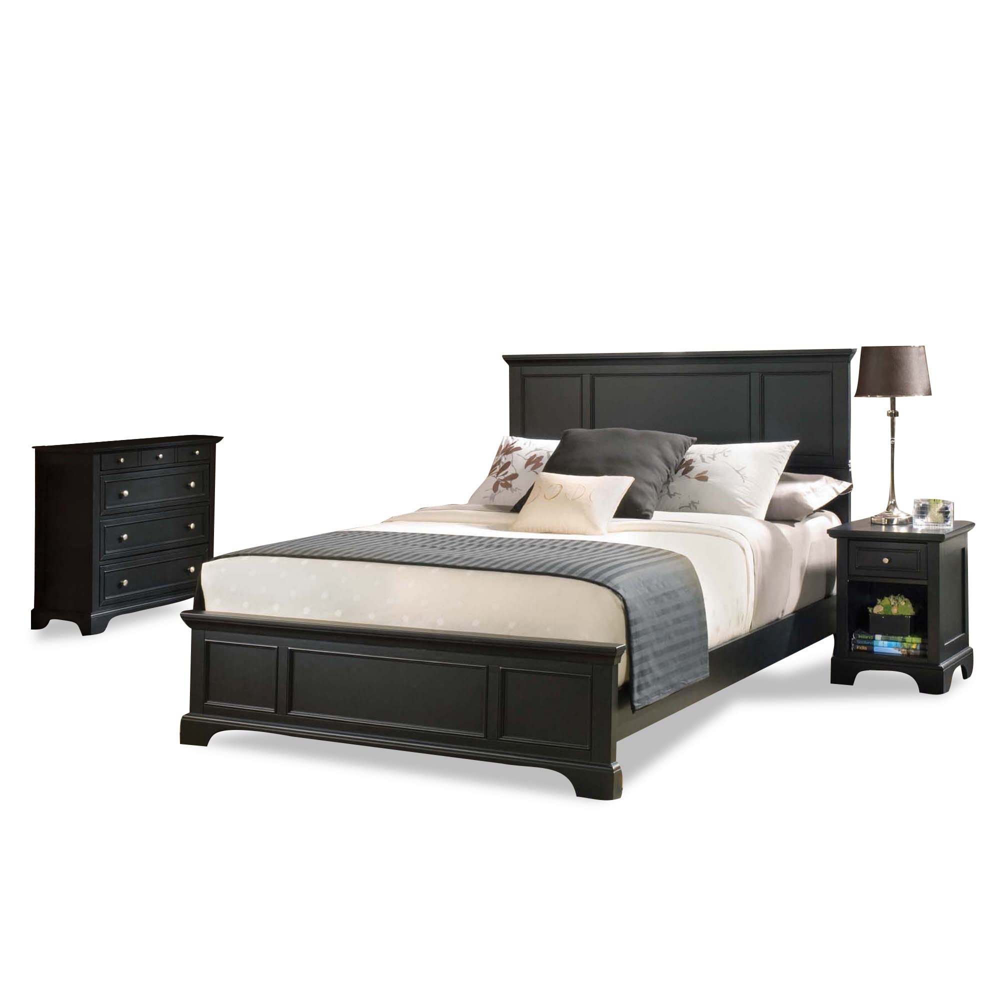 Home Styles Bedford 皇后床頭板、床尾板、床架及配套木質床頭櫃和床頭櫃組（黑色）