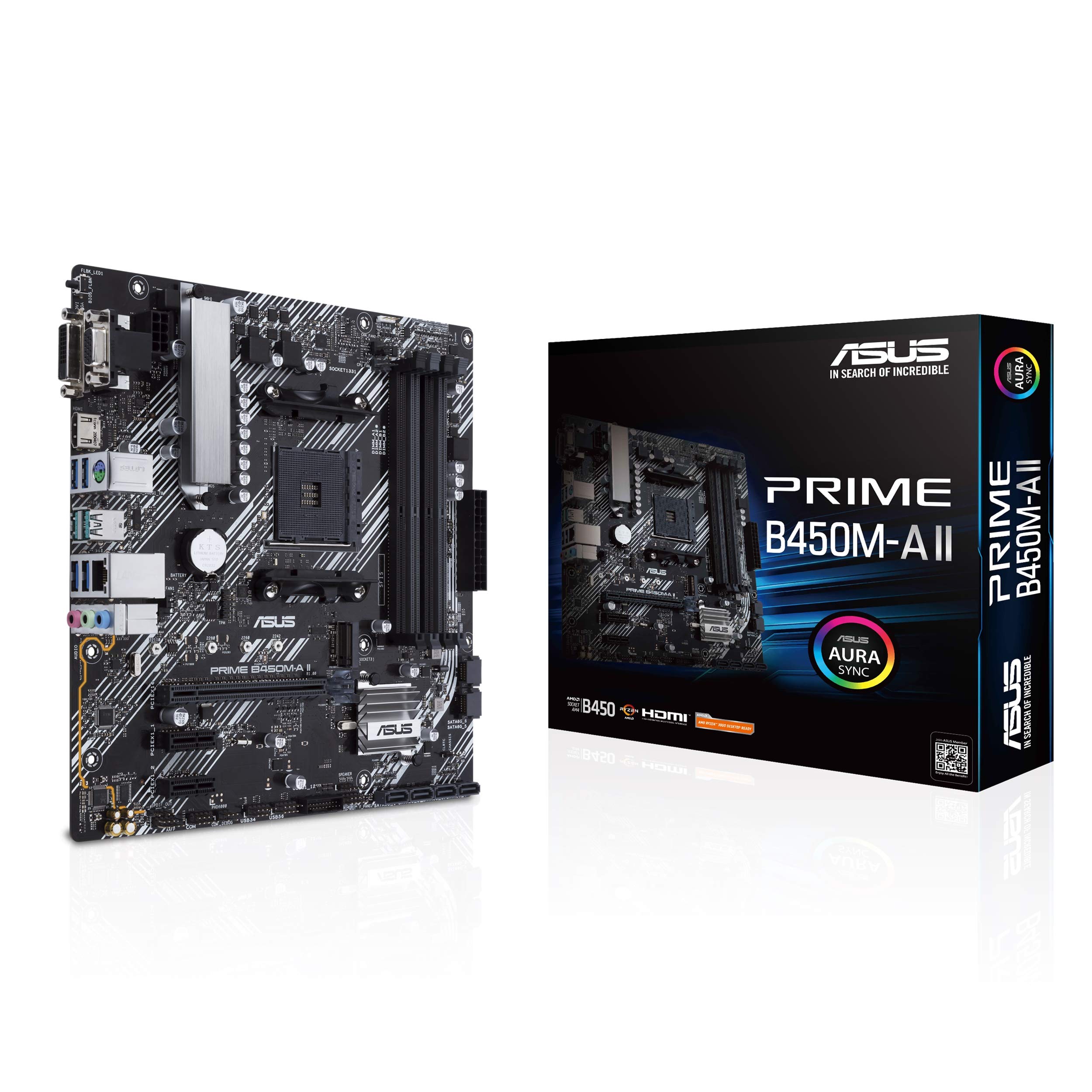 華碩 Prime B450M-A II AMD AM4（Ryzen 5000、第三/第二/第一代 Ryzen Micro ATX 主機板（128GB DDR4，4400 超頻）、NVMe、HDMI 2.0b/DVI/D-Sub、USB 3.2 Flash 2、IOSBback 和 Aura Synura）