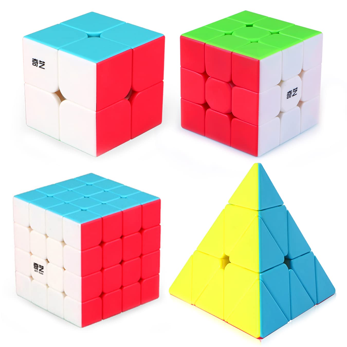 Roxenda 速旋魔術方塊套裝，包含 2x2、3x3、4x4 和金字塔魔術方塊，順滑無貼紙魔術方塊套裝，適合兒童、青少年和成人 [4 件裝]（無貼紙）