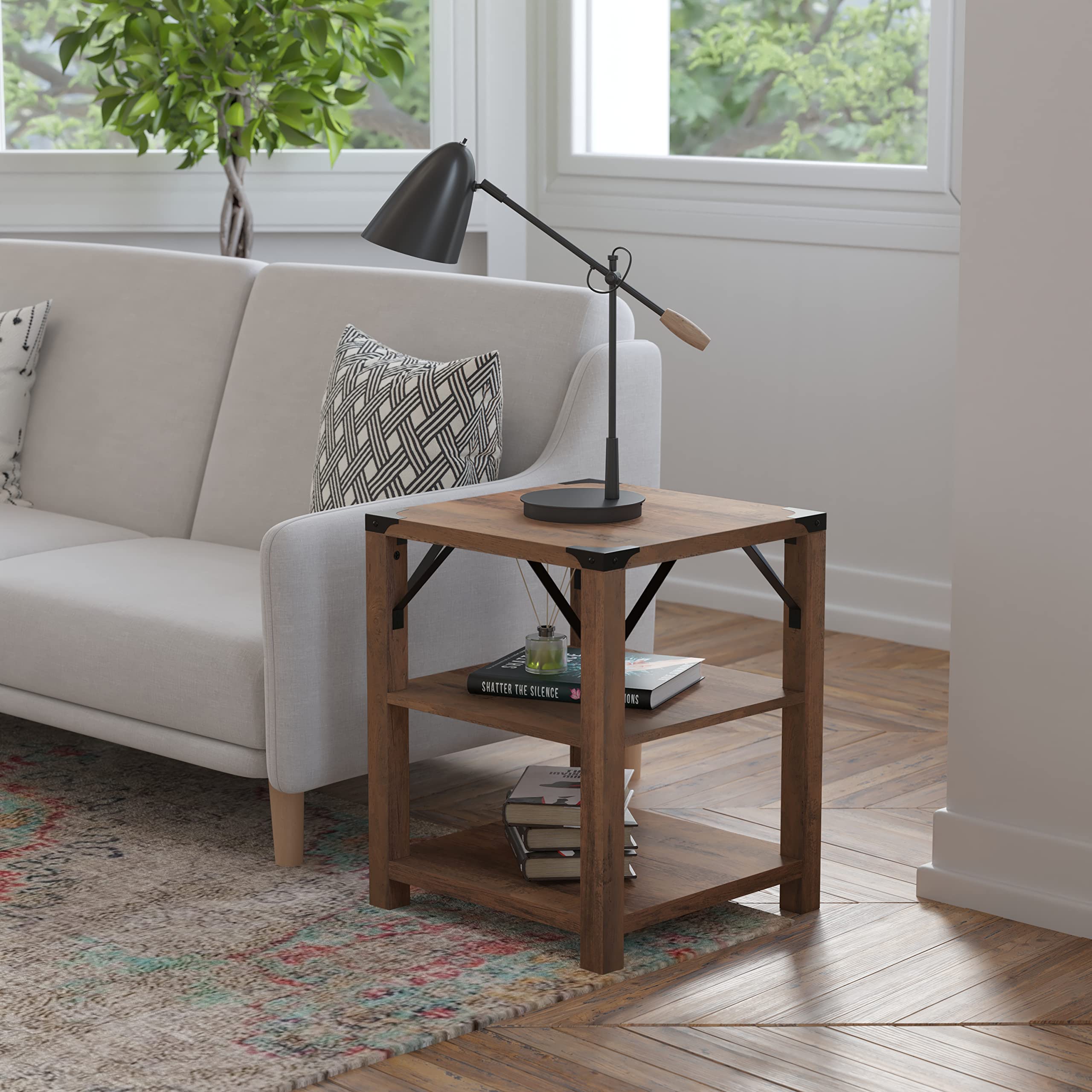 Flash Furniture Wyatt 現代農舍風格三層木質邊桌，金屬角飾和交叉支撐，單件裝，鄉村橡木色