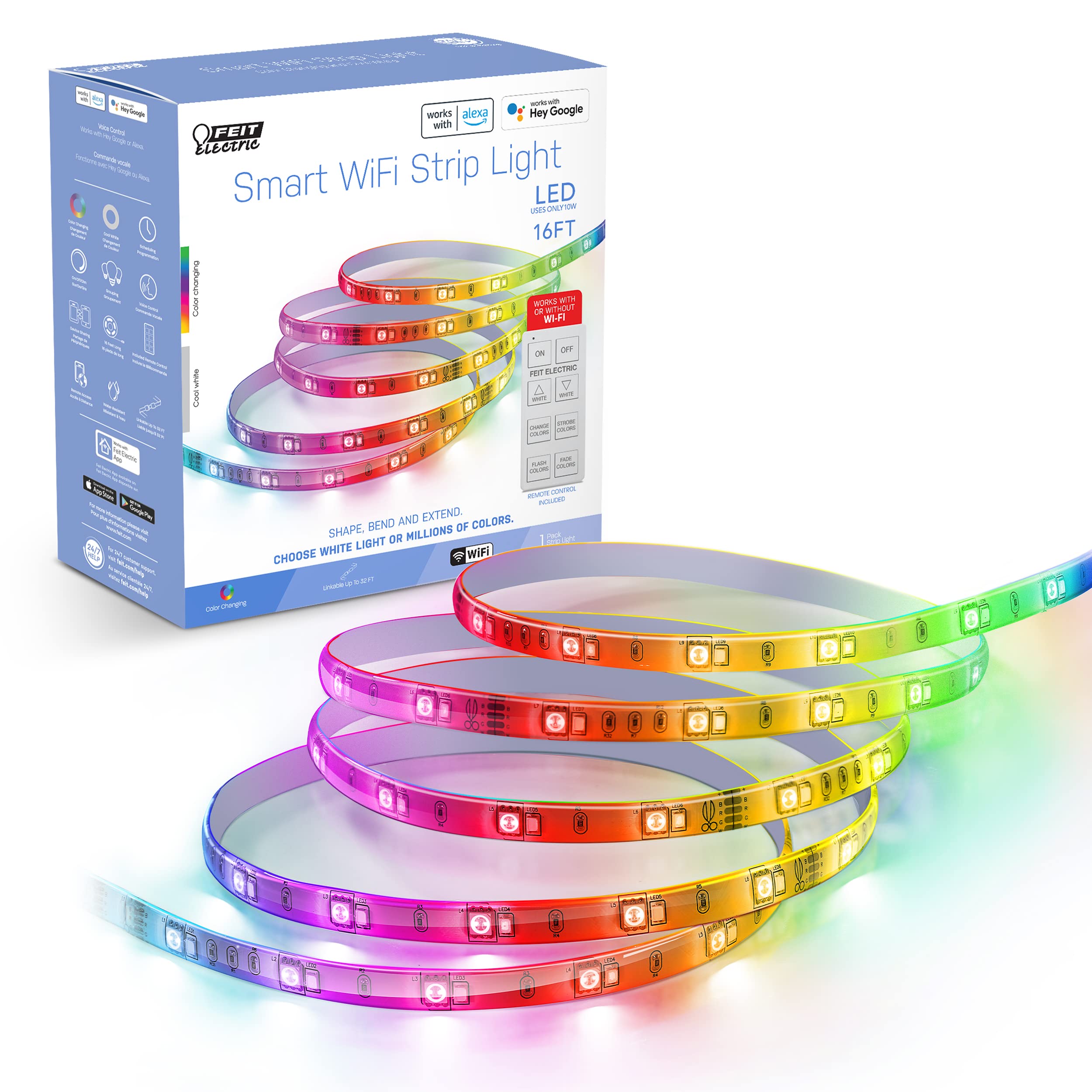 Feit Electric TAPE192/RGBW/AG 10瓦 WiFi 可調光燈帶，無需網關，支援 Alexa 或 Google Assistant RGBW 多色 LED 智慧燈帶，16 英尺 x 0.4 英寸