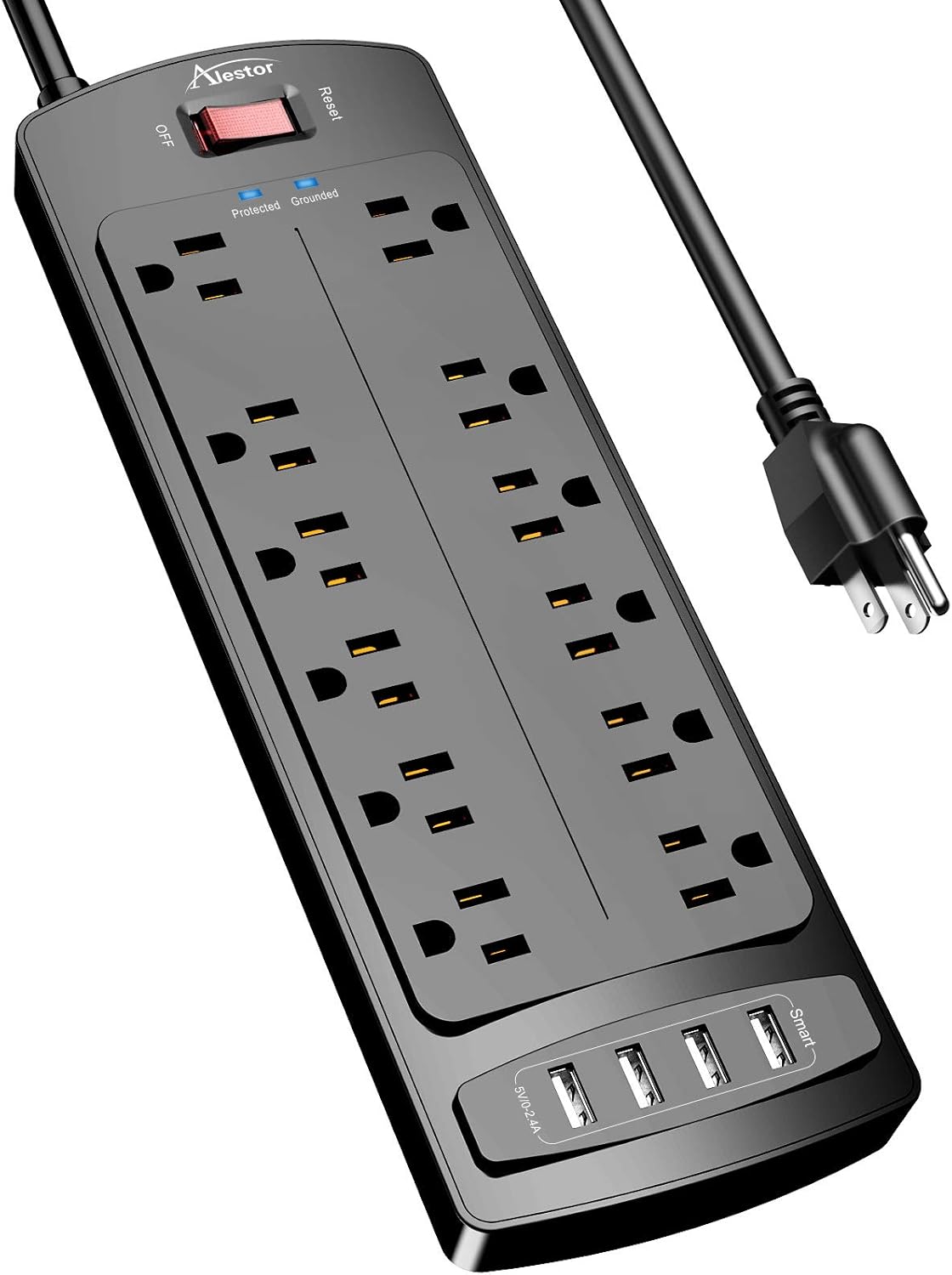 ALESTOR 電源插座，帶浪湧保護器，12 個插座和 4 個 USB 端口，6 英尺延長線（1875W/15A），2700 焦耳，通過 ETL 認證，黑色…