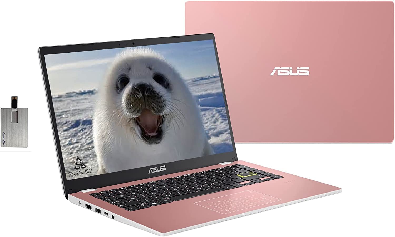 華碩 2022 年 14 吋高清筆記型電腦，英特爾賽揚 N4020 處理器，4GB 內存，64GB eMMC 存儲，網絡攝像頭，集成顯卡 Graphics 500，藍牙，預裝 Windows 11 S 操作系統，玫瑰金配色，附贈 32GB SnowBell USB 存儲卡