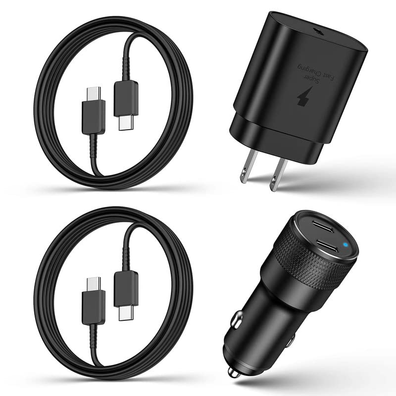 USB-C 三星 Galaxy 快速充電器，超快 25W 三星牆充套裝，含 2 條 Type-C 線 + 60W 雙車載充電器，適用於三星 Galaxy S23 Ultra/S23+/S23/S22 Ultra/S22+/S22/S21/S20/Note 20/Note+