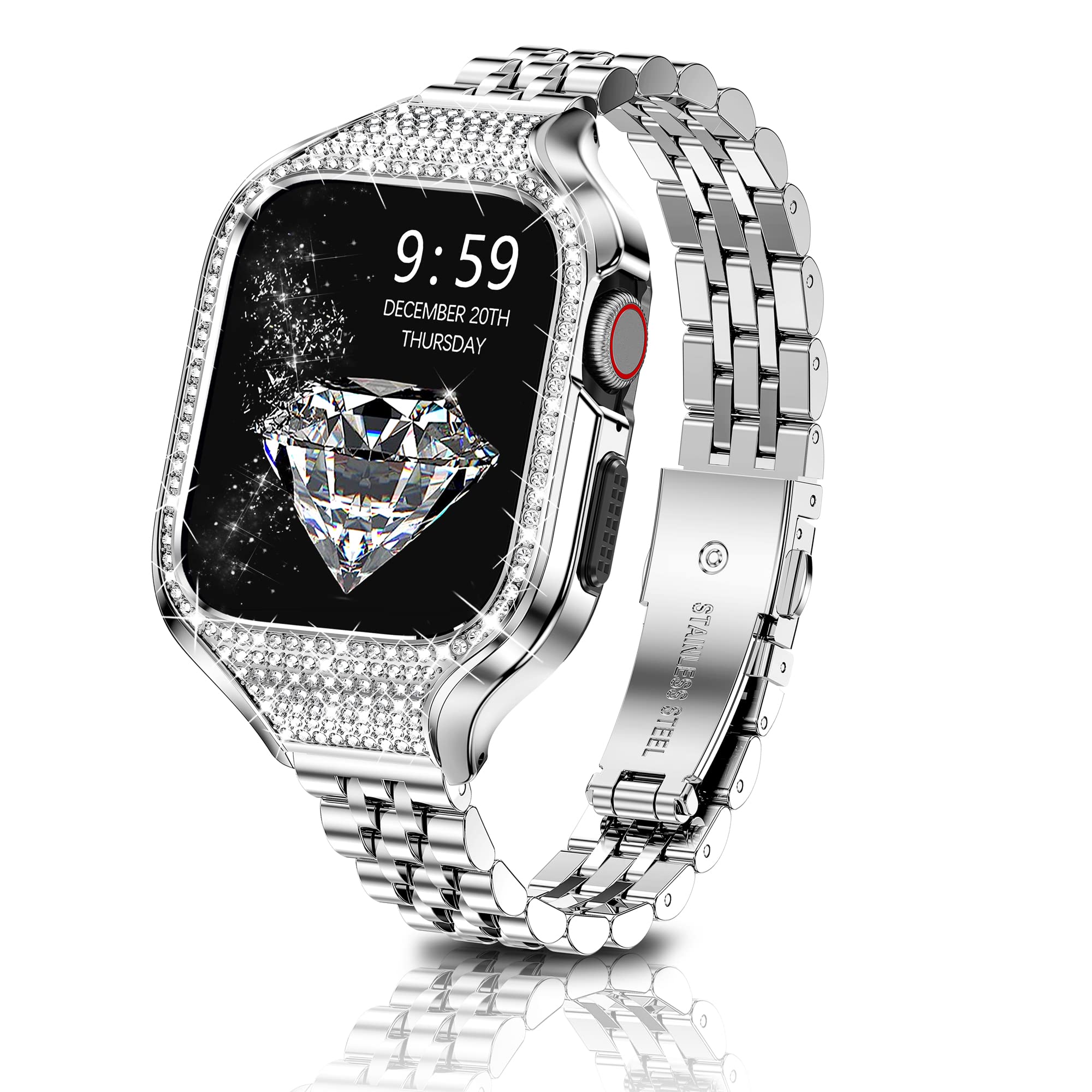 閃亮金屬錶殼搭配錶帶，相容於 Apple Watch Series 8/7（41mm）、Series SE/6/5/4（40mm），不銹鋼材質，女士時尚替換錶帶，以及鑲鑽錶殼，適用於 iWatch