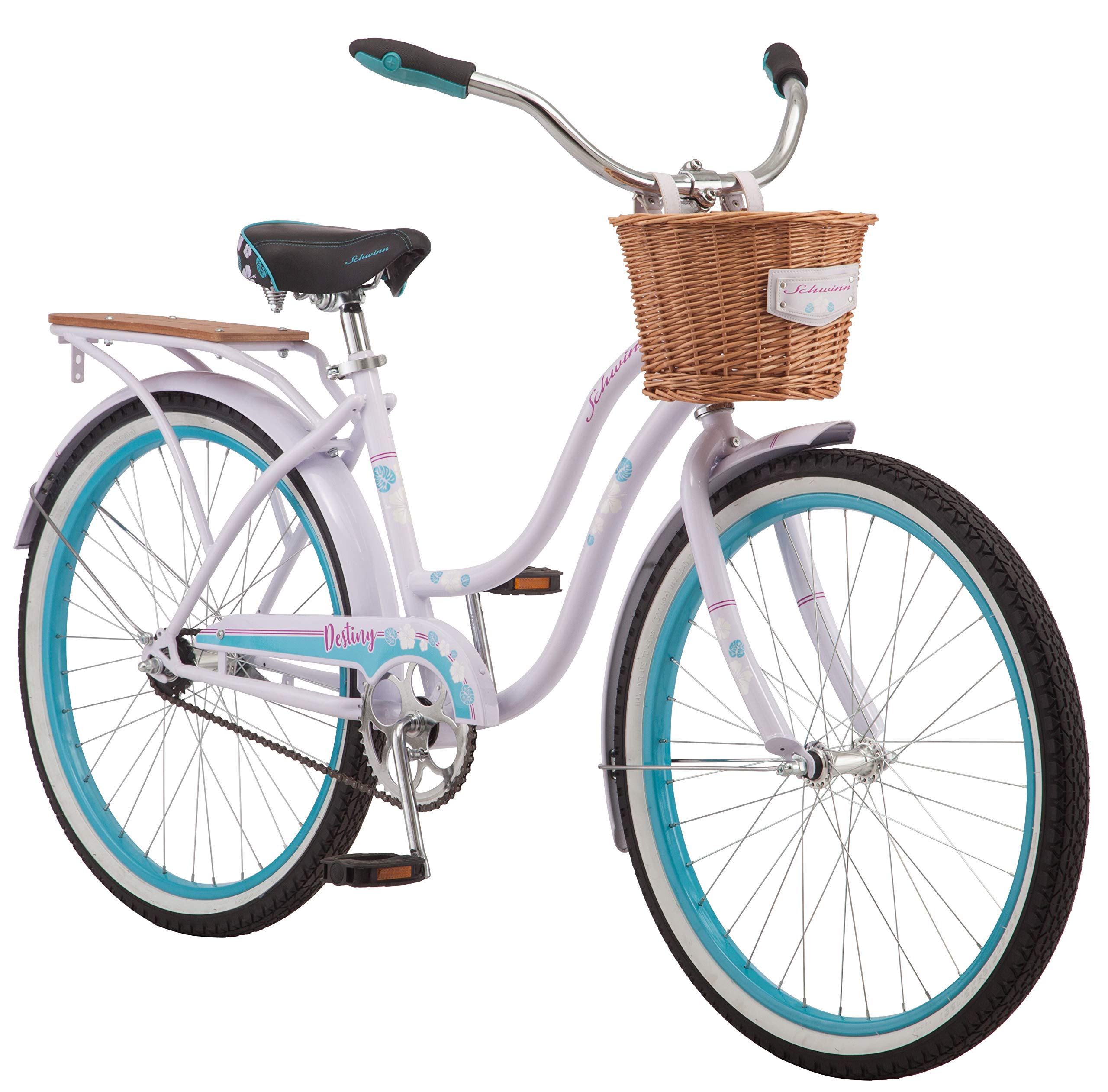Schwinn Destiny & Baywo​​od 男女沙灘巡洋自行車，成人及大童款，24 或 26 吋車輪，鋼架，單速傳動系統，後貨架，騎乘姿勢舒適直立
