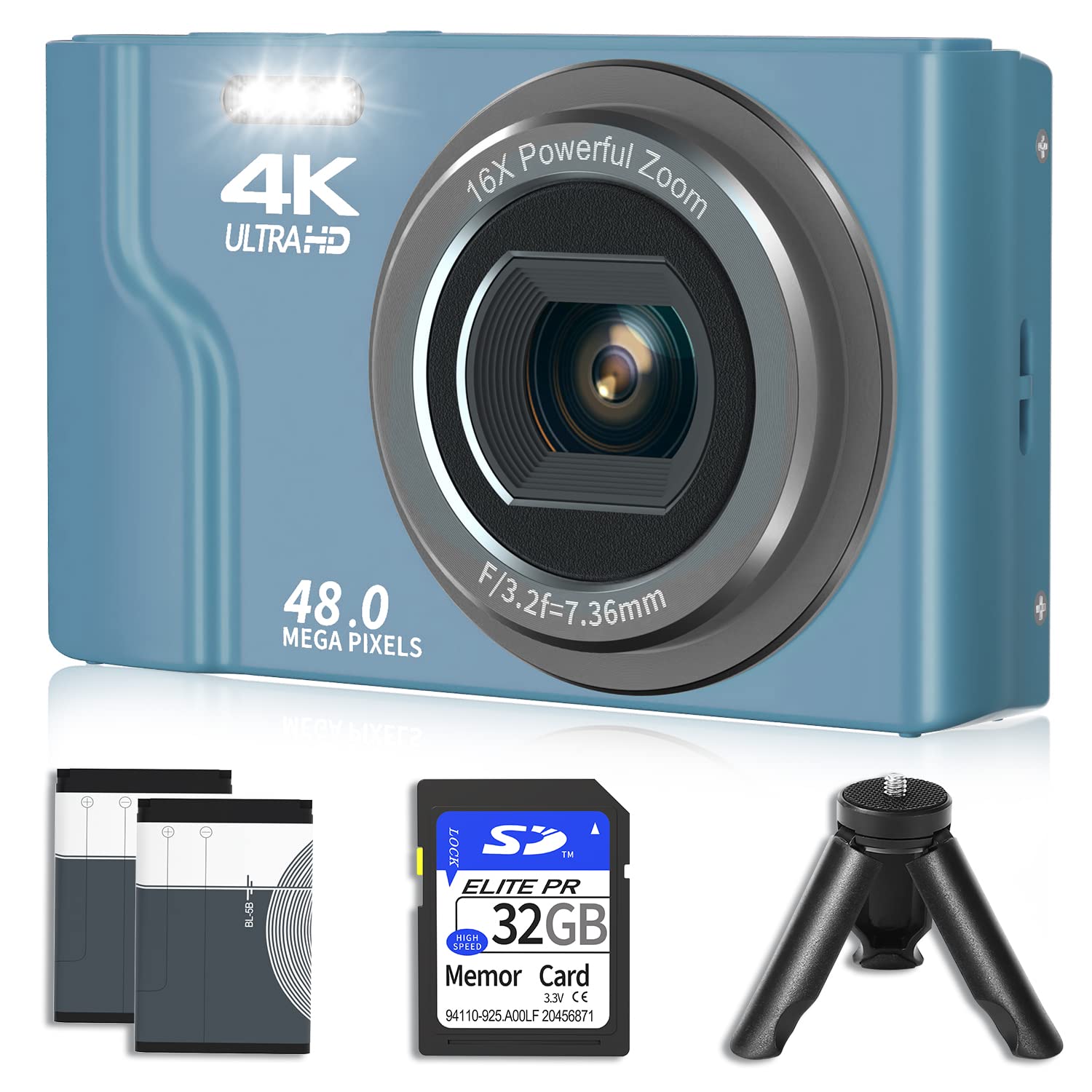 VJIANGER 數位相機，4K 48MP 傻瓜相機，2.8 吋螢幕，16 倍數位變焦，適合兒童、青少年和成人使用，配備 32GB SD 卡、2 個電池和三腳架（DC6-7 藍色）