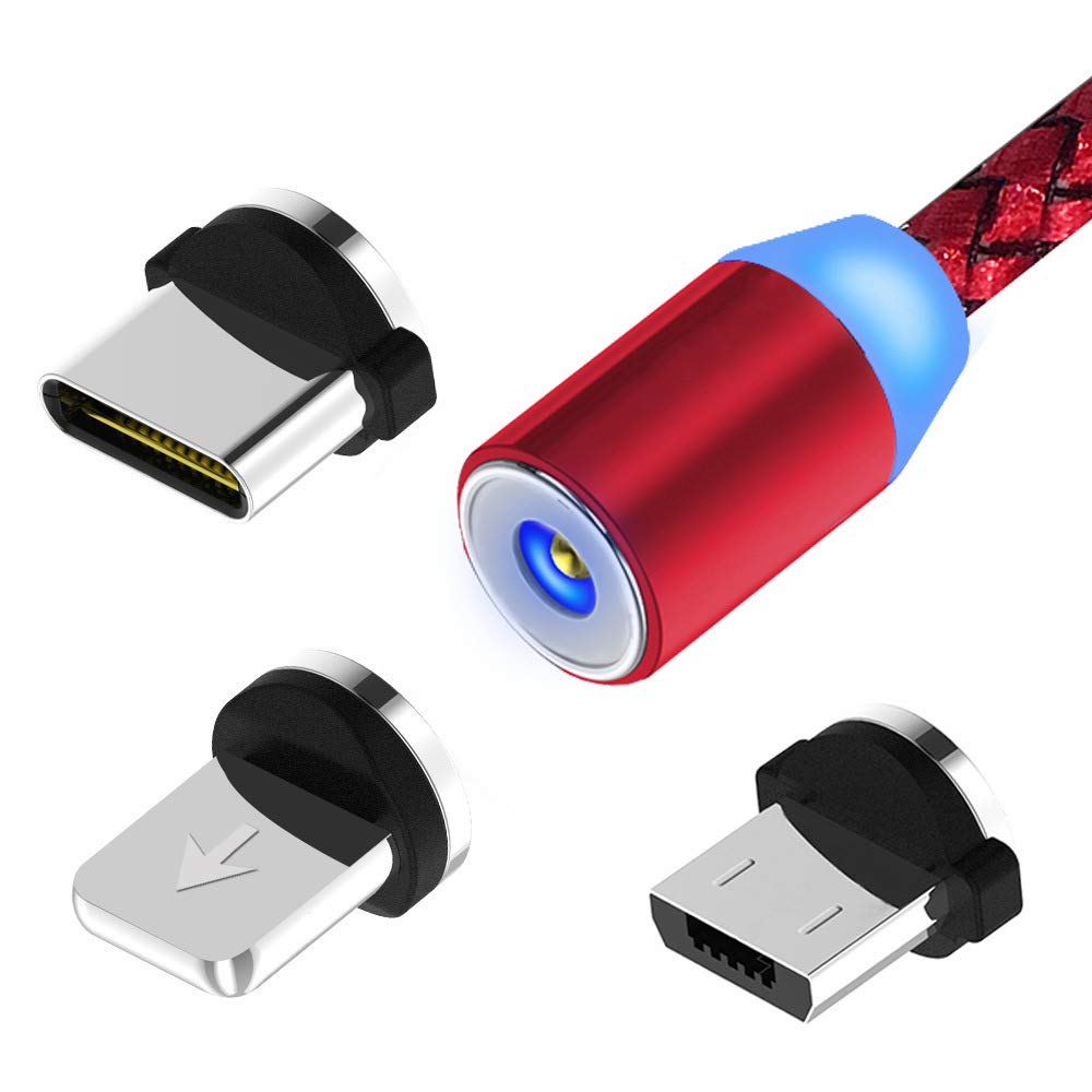Fanshu Micro USB Type C Lightning 手機快充線，三合一磁吸轉接器，1 公尺線長，附 LED 指示燈，適用於 iOS XR XS MAX X 8 7 6S Plus 和安卓三星手機（紅色）