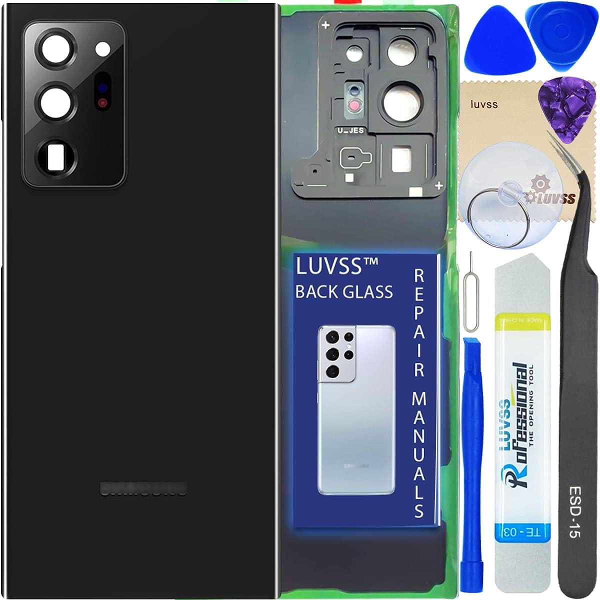 LUVSS 三星 Galaxy Note 20 Ultra 5G SM-N986 N985U 後蓋玻璃 + 相機鏡頭更換 + 維修手冊 DIY 工具包（神秘黑）