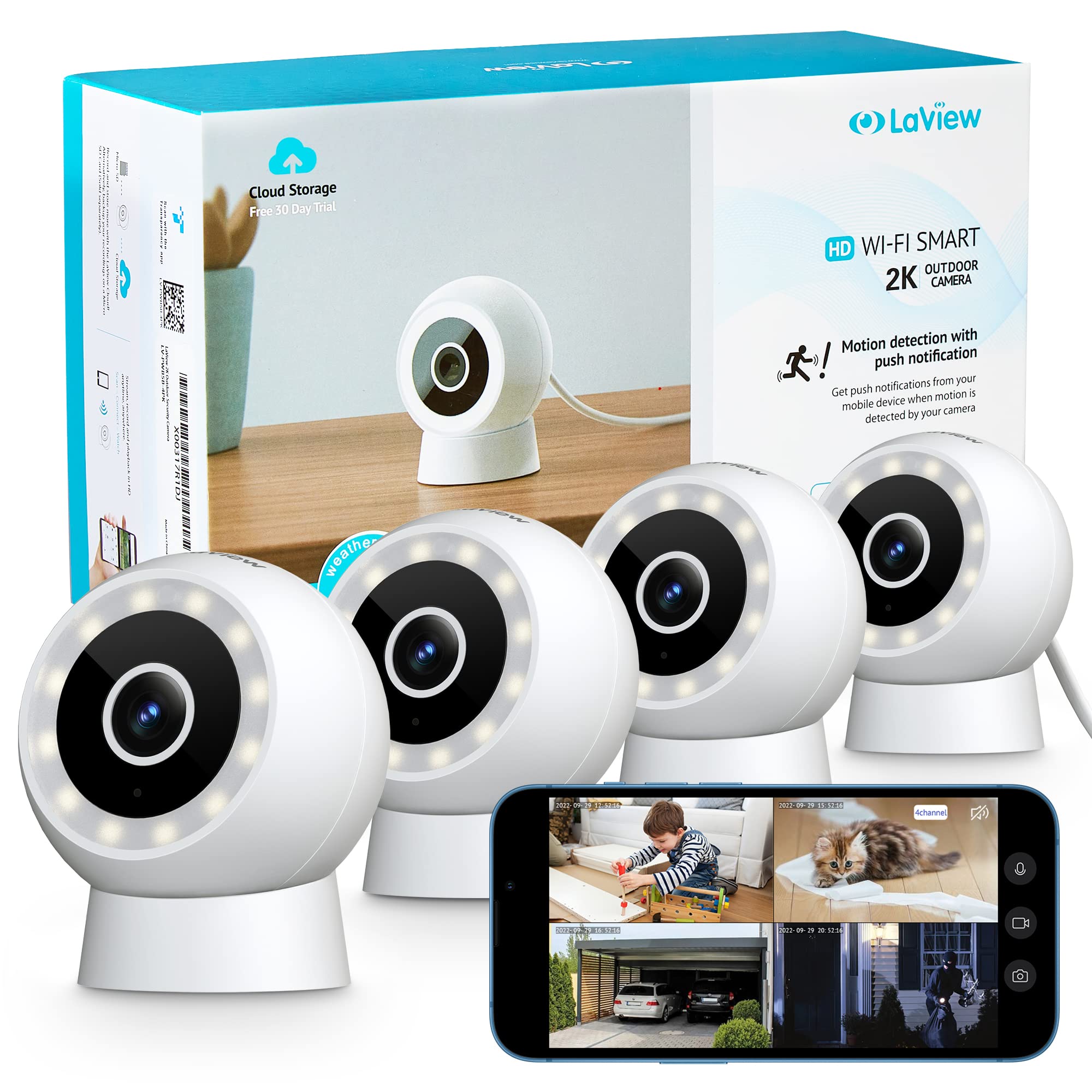 LaView 4MP 2K 室內外有線安防攝像頭，IP65 防護等級，星光級傳感器，100 英尺夜視距離，移動/人員檢測，雙向語音/聚光燈，美國雲端，兼容 Alexa、iOS、Android 和網頁訪問