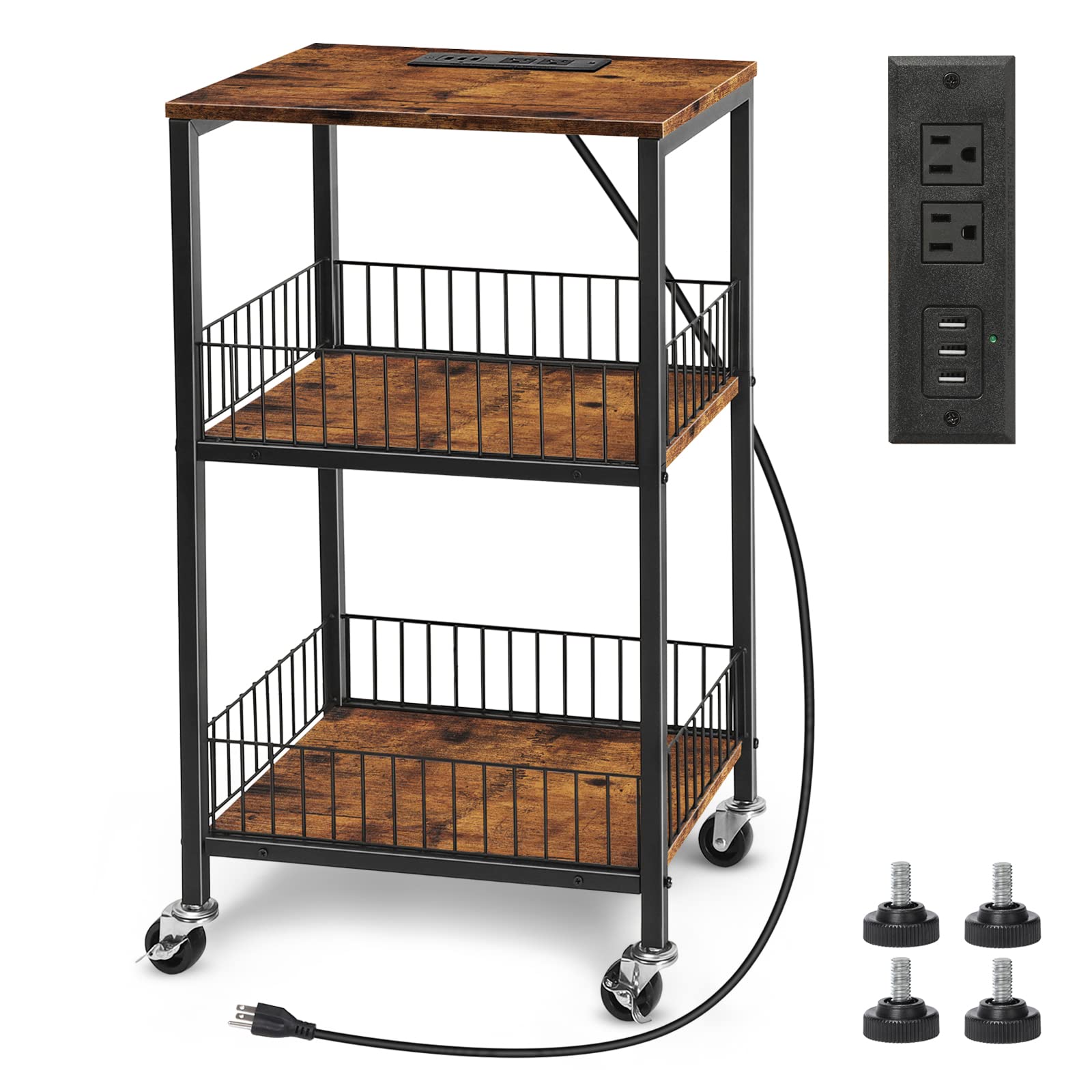 MOOACE 邊桌附充電站，三層置物架邊桌，書房床頭櫃，適用於客廳、臥室、小空間 - 復古棕色