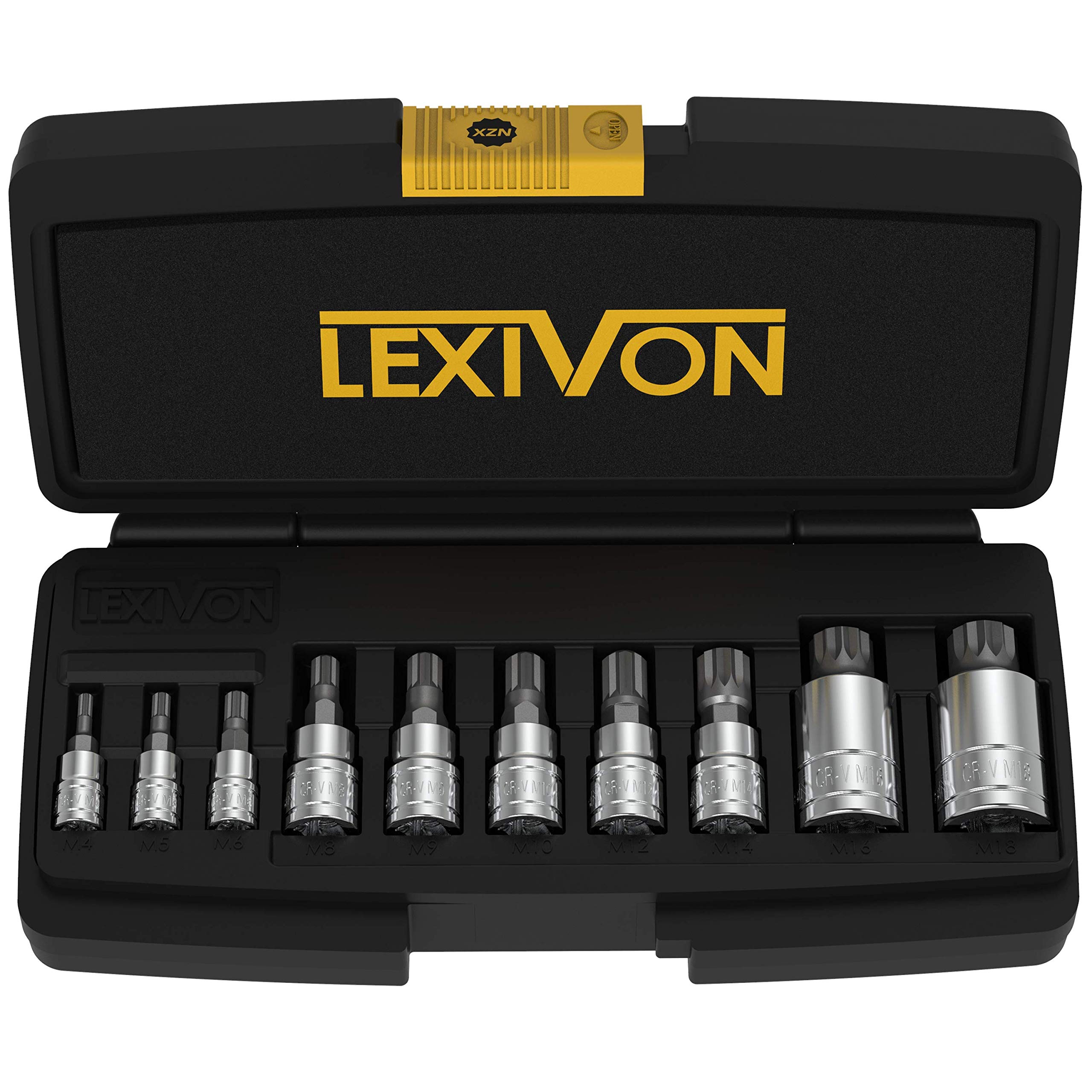 LEXIVON XZN 三方花鍵套筒組，優質 S2 合金鋼 | 10 件組歐式 M4 - M18 套筒組 | 增強型收納盒 (LX-145)