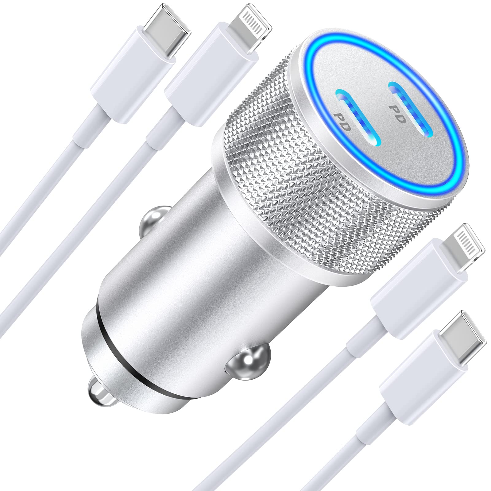 【蘋果MFi認證】iPhone快速車用充電器，Linocell 60W雙USB-C介面全金屬快速車用充電器轉接器，搭配2根Type-C轉Lightning數據線，適用於iPhone/iPad/AirPods快速充電