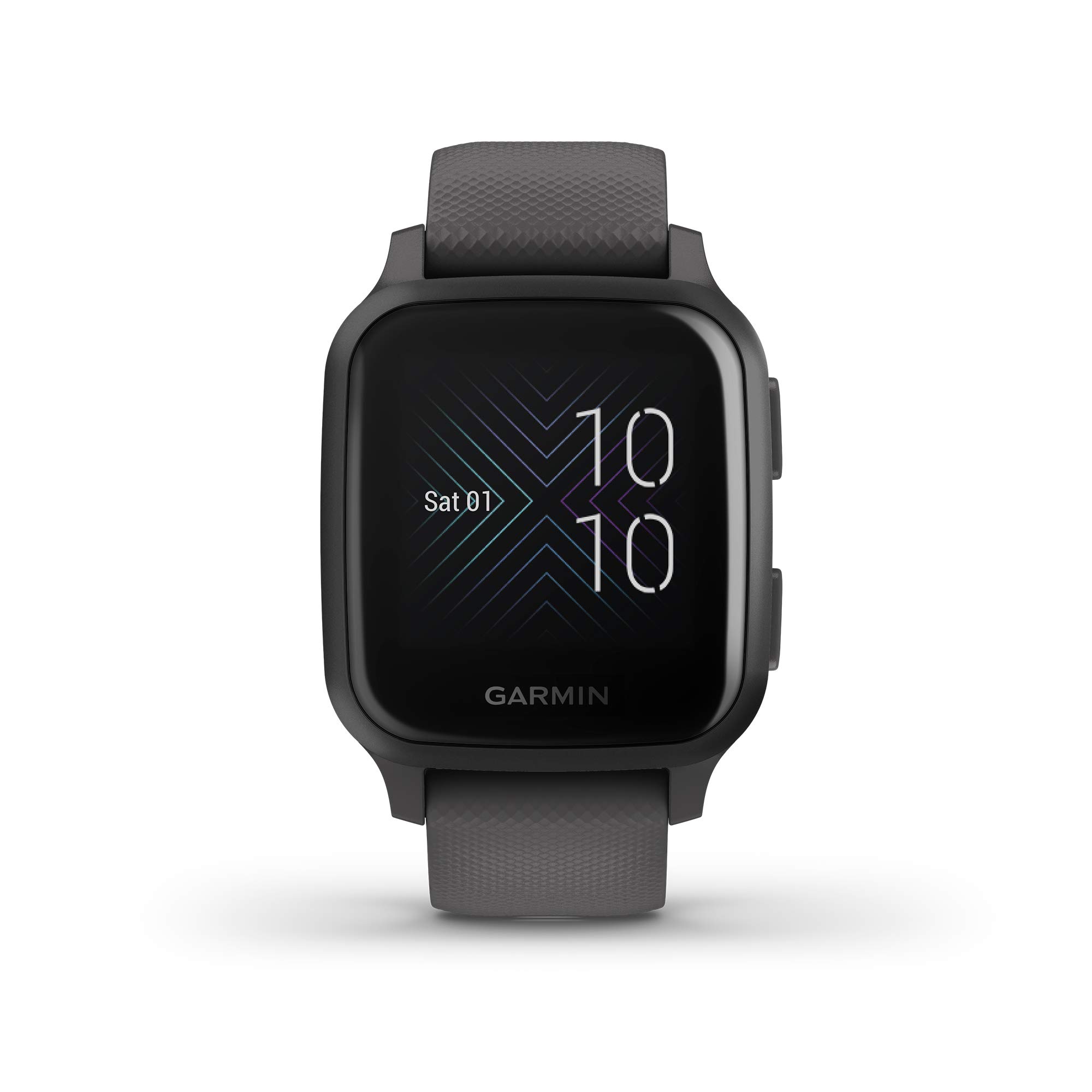 Garmin Venu Sq，GPS智慧手錶，配備明亮觸控屏，電池續航力長達6天，採用石板灰色鋁合金錶圈、暗灰色錶殼和矽膠錶帶。